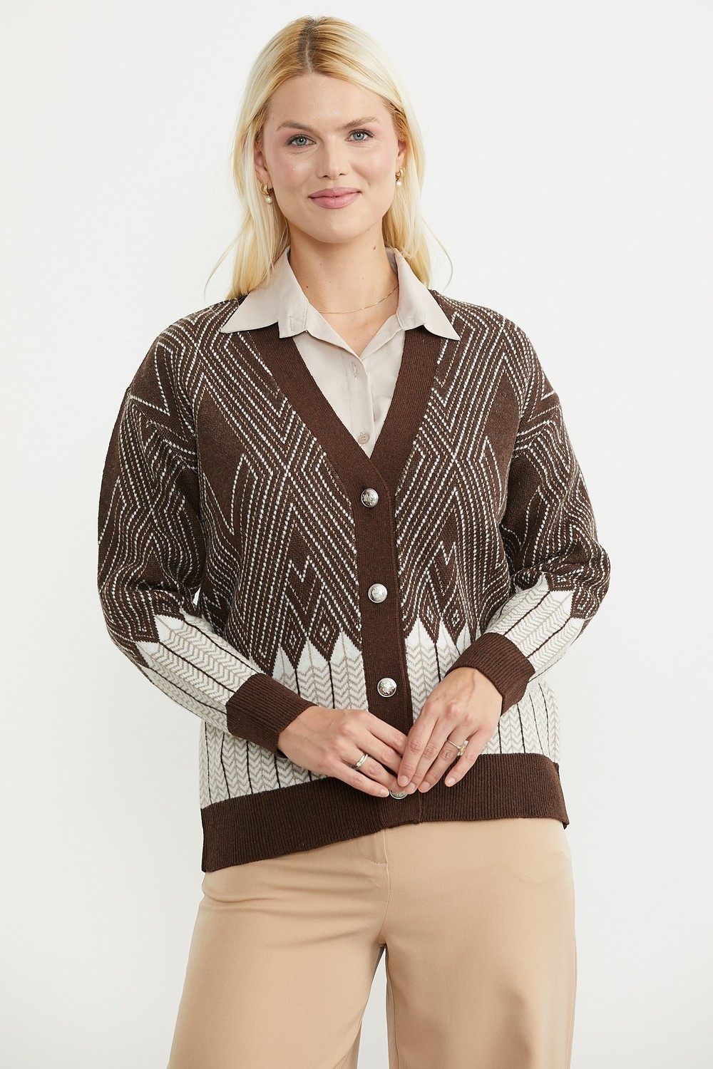 Sementa Oversize Desenli Triko Hırka - Kahve