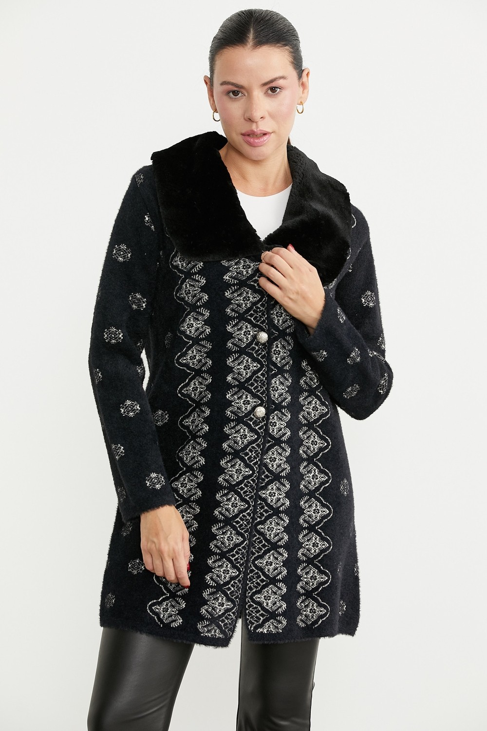 Sementa Suni Kürk Yakalı Uzun Triko Hırka - Kemik görsel 2