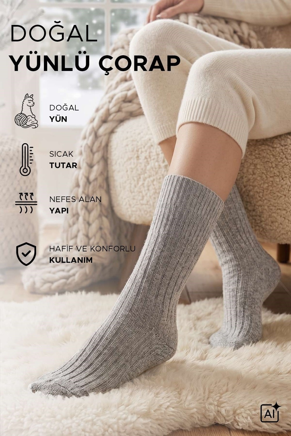 Mısırlı Ünisex Termal Kışlık Çorap Ikili Paket Antrasit-Gri görsel 4