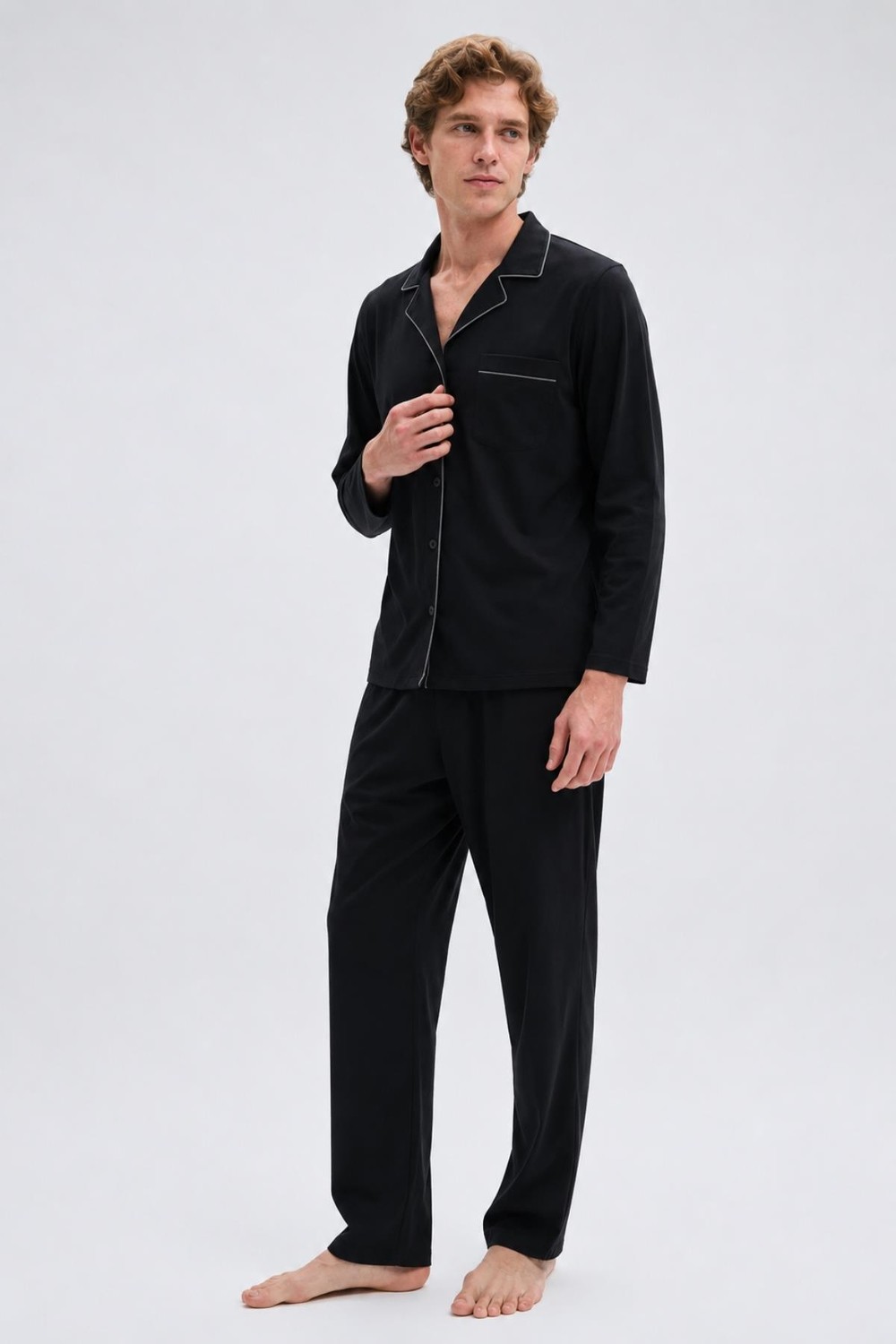 GD Goldoremi Premium Erkek Büyük Beden Pamuklu Boydan Düğmeli Uzun Kollu Pijama Takım görsel 4
