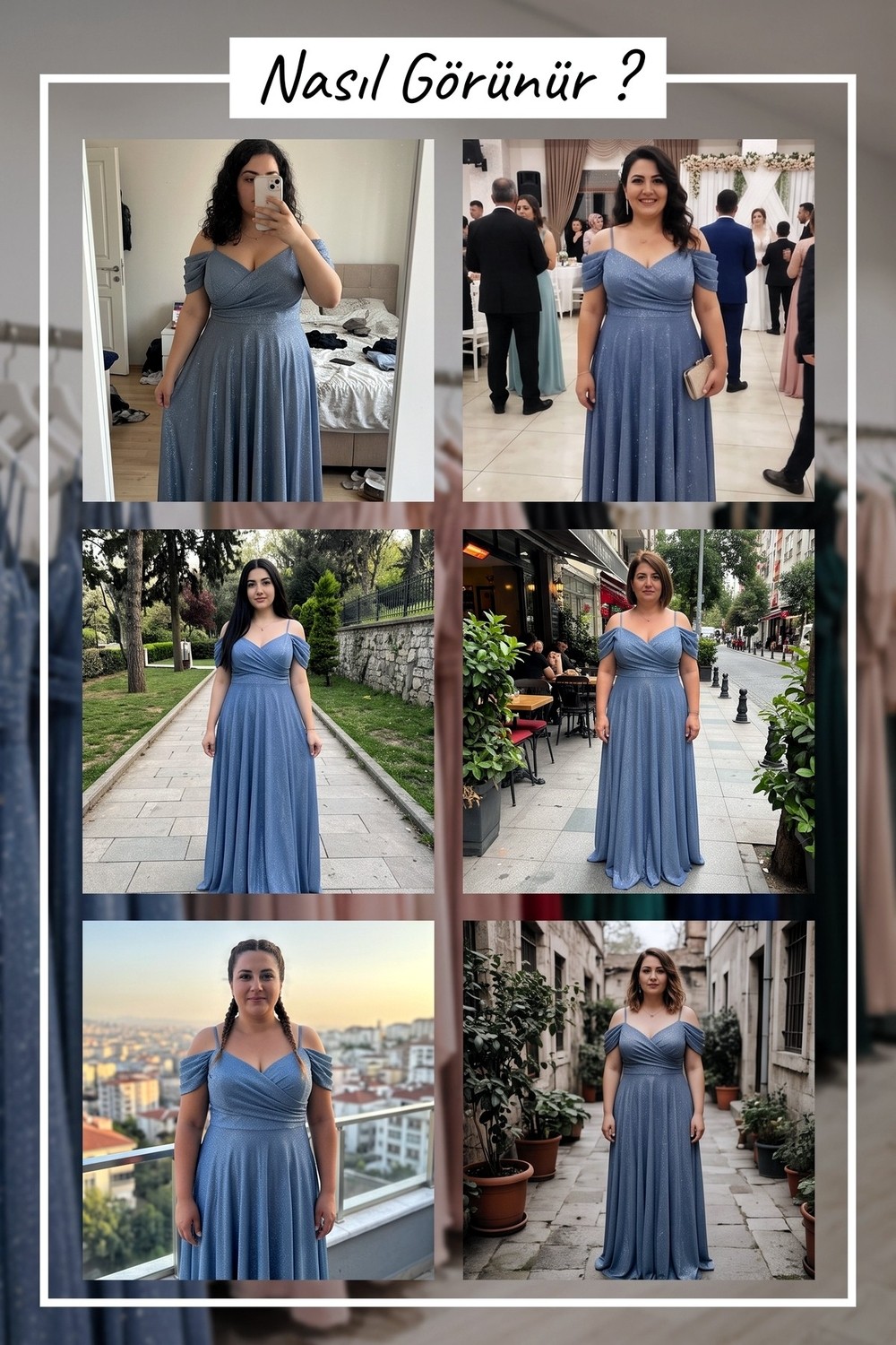 The ZKS Kadın Büyük Beden Simli Düşük Omuz Askılı Abiye Elbise Indigo, Bordo, Pudra, Lacivert, Siyah görsel 7
