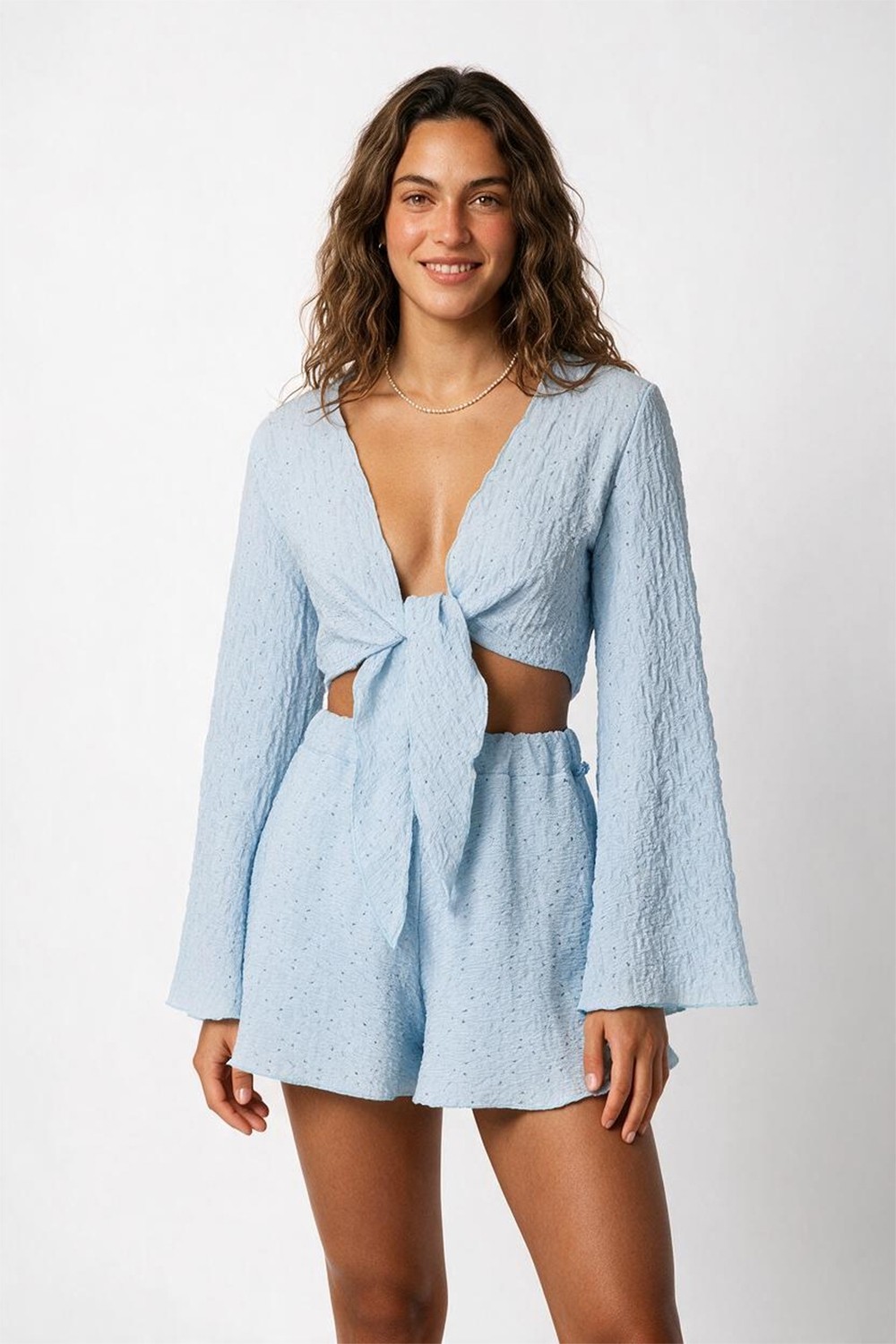 Aquella Dokulu Bebe Mavi Crop-Şort Takım