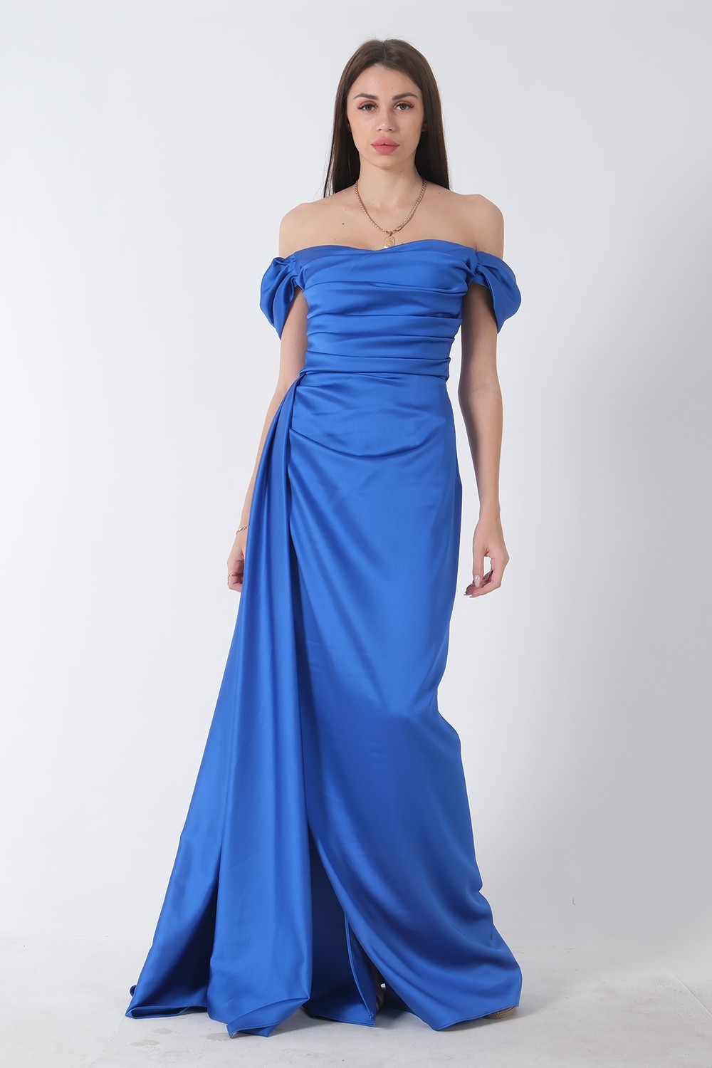 Feminist Haki Drape Detaylı Saten Kumaş Abiye Elbise 9704858