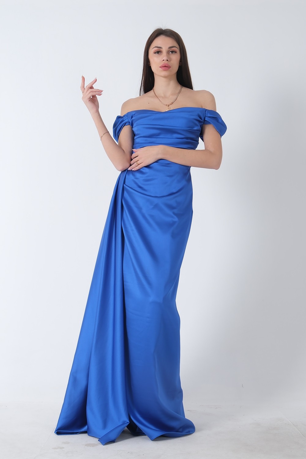 Feminist Haki Drape Detaylı Saten Kumaş Abiye Elbise 9704858 görsel 2