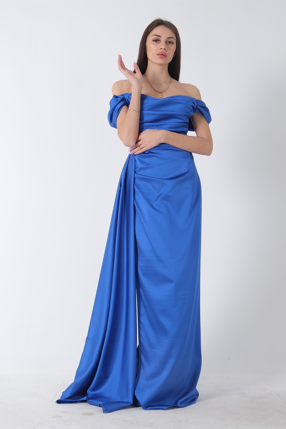 Feminist Haki Drape Detaylı Saten Kumaş Abiye Elbise 9704858 görsel 3