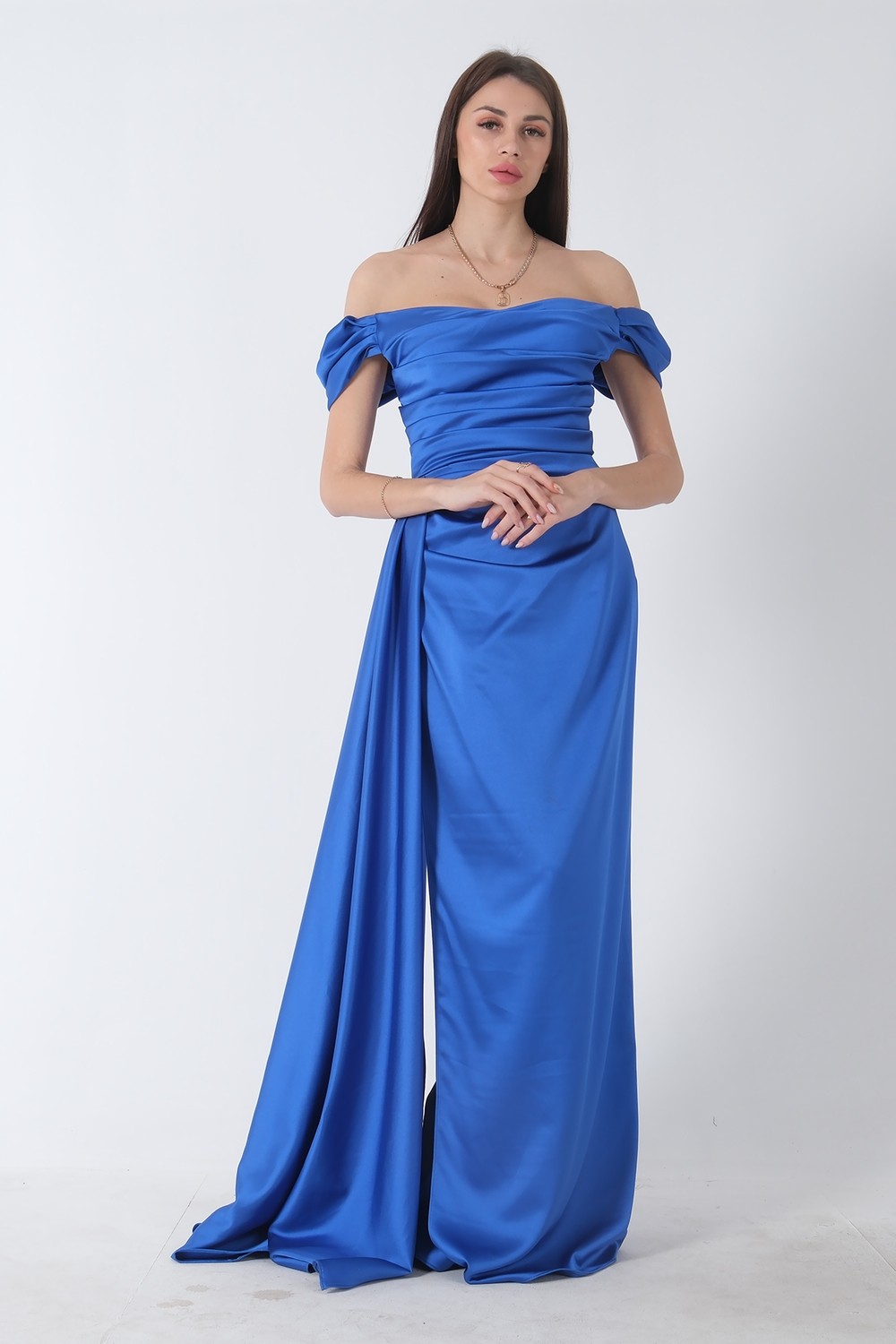 Feminist Haki Drape Detaylı Saten Kumaş Abiye Elbise 9704858 görsel 4