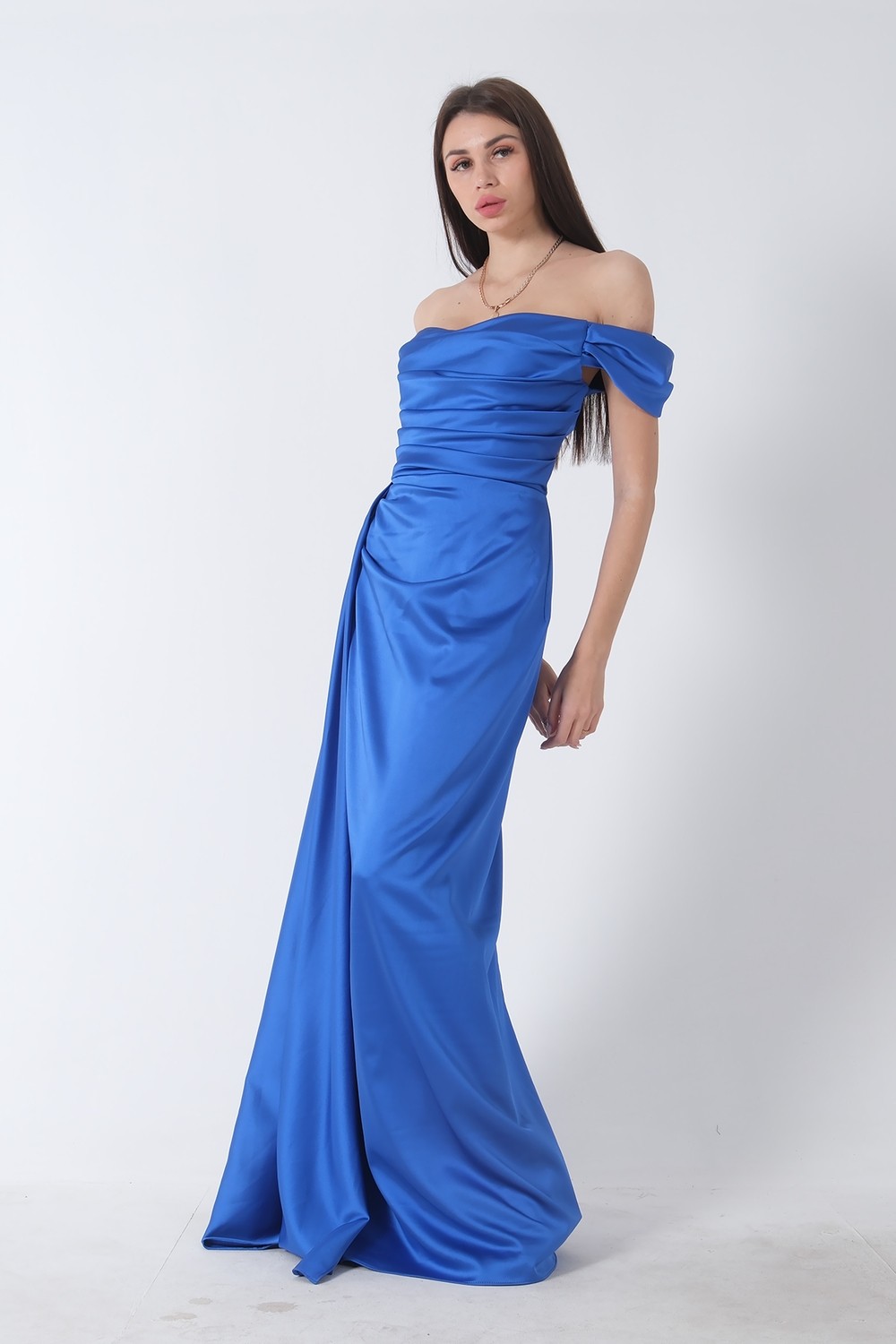 Feminist Haki Drape Detaylı Saten Kumaş Abiye Elbise 9704858 görsel 5