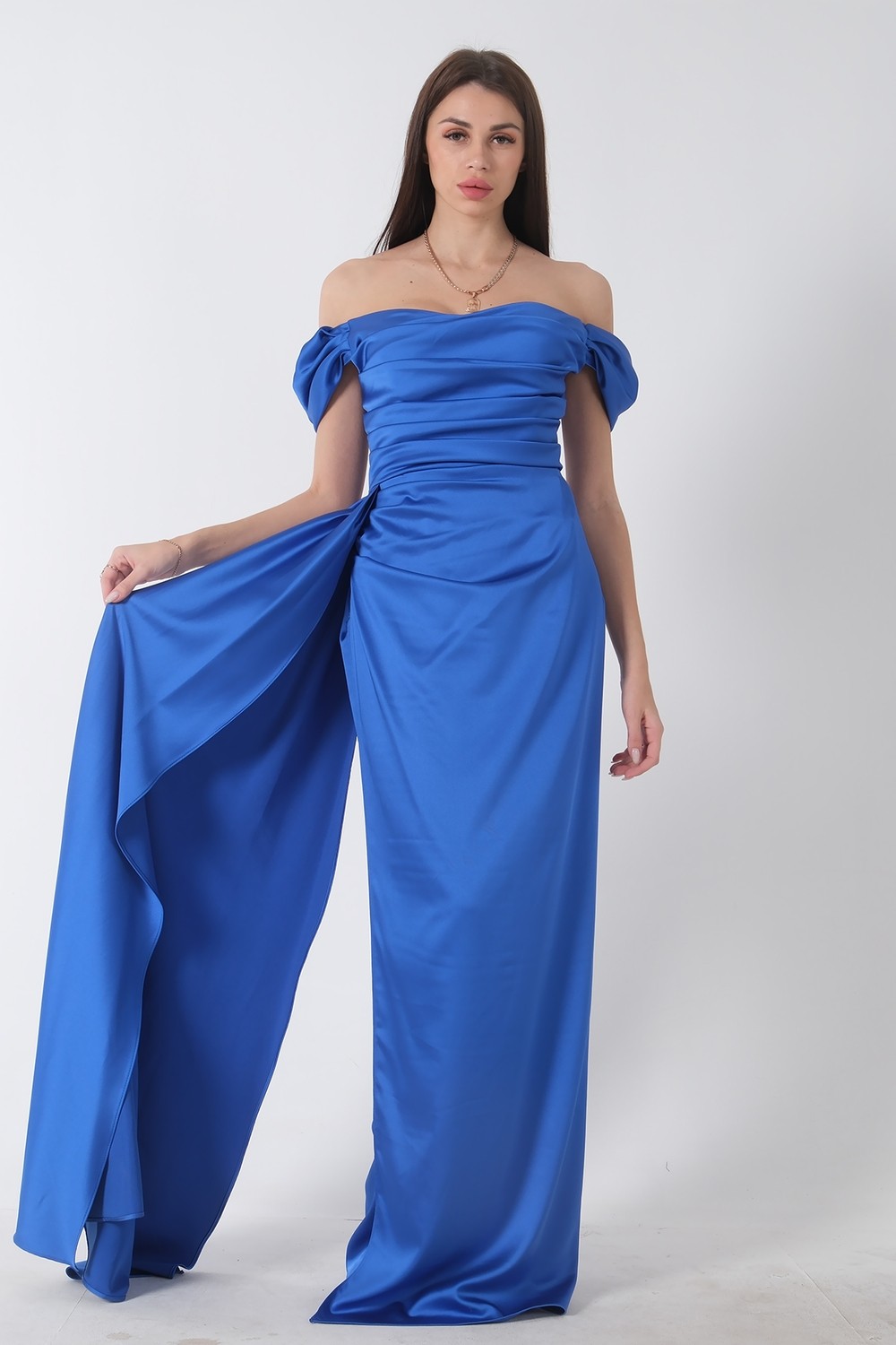 Feminist Haki Drape Detaylı Saten Kumaş Abiye Elbise 9704858 görsel 6