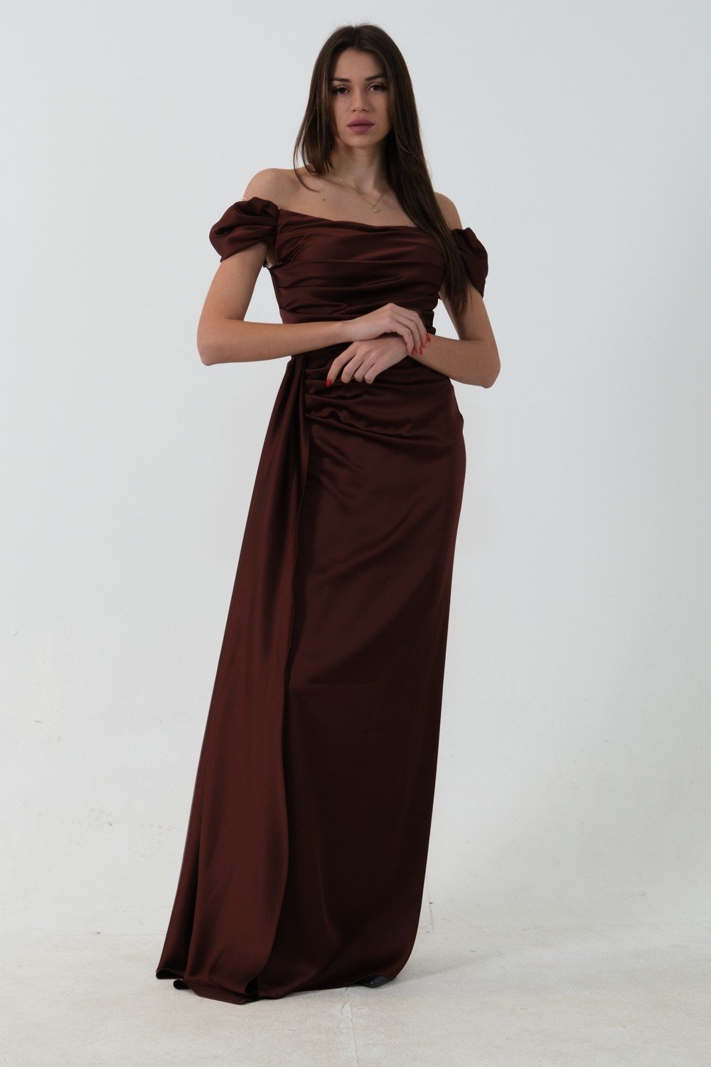 Feminist Haki Drape Detaylı Saten Kumaş Abiye Elbise 9704858