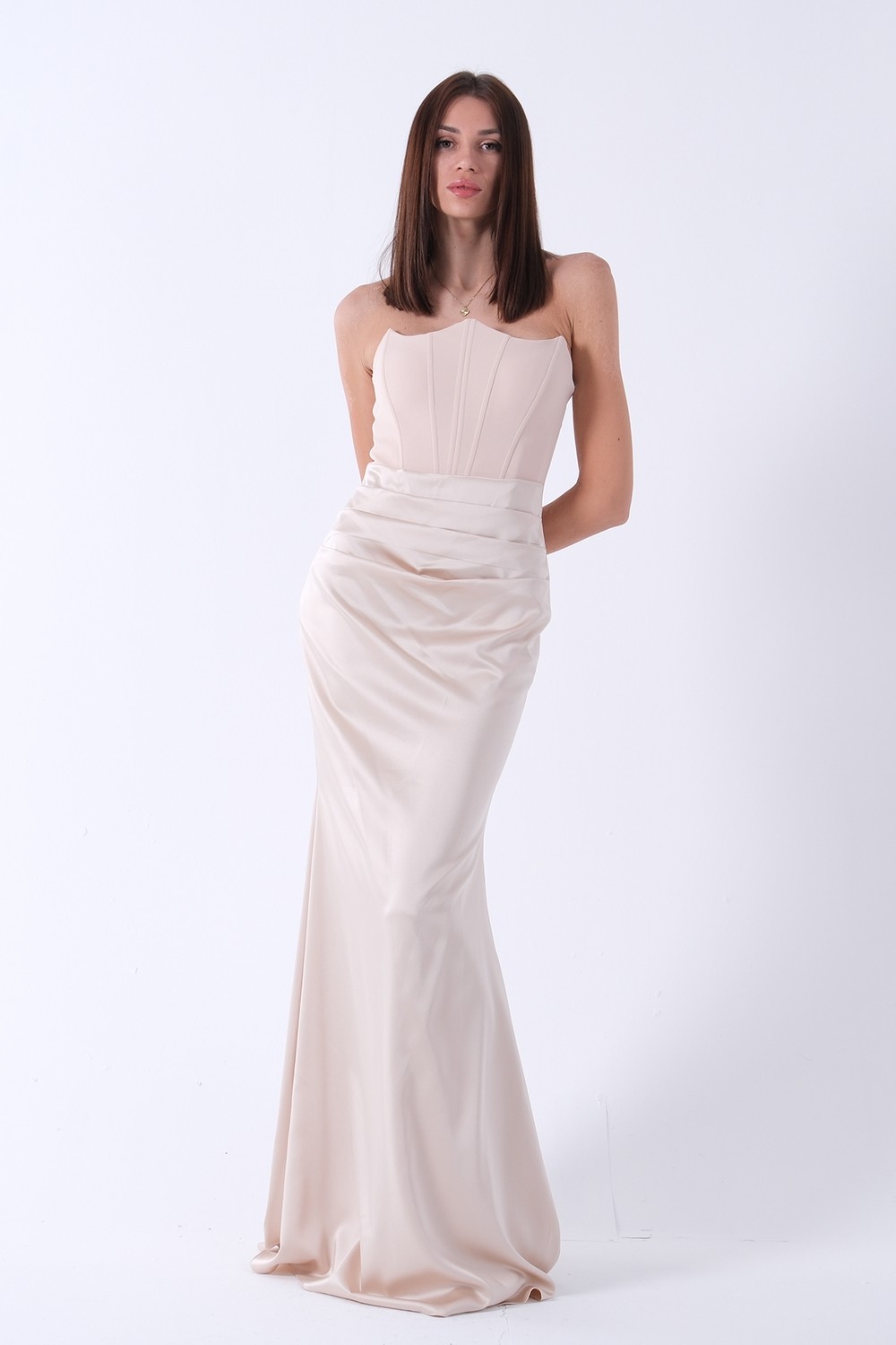 Feminist Bej Önü Drape Detaylı Straplez Abiye 9705744 görsel 2