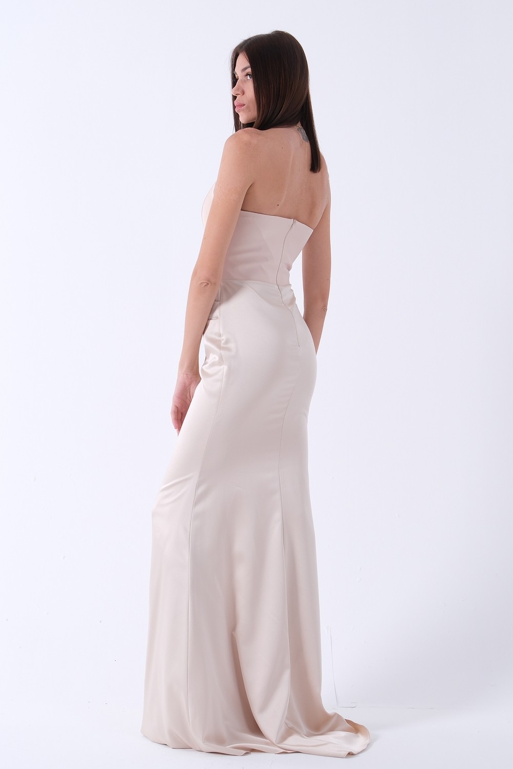 Feminist Bej Önü Drape Detaylı Straplez Abiye 9705744 görsel 3