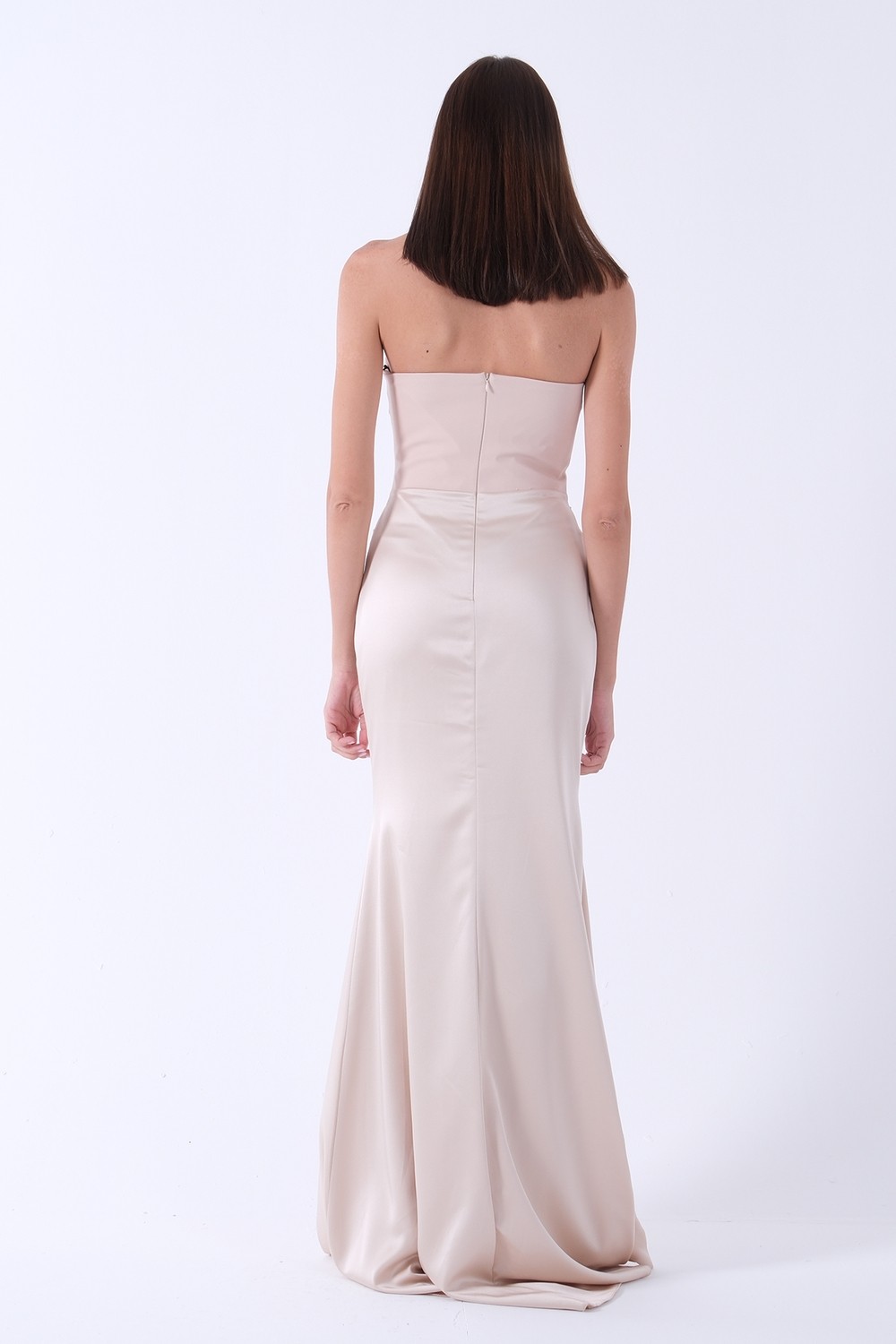 Feminist Bej Önü Drape Detaylı Straplez Abiye 9705744 görsel 4