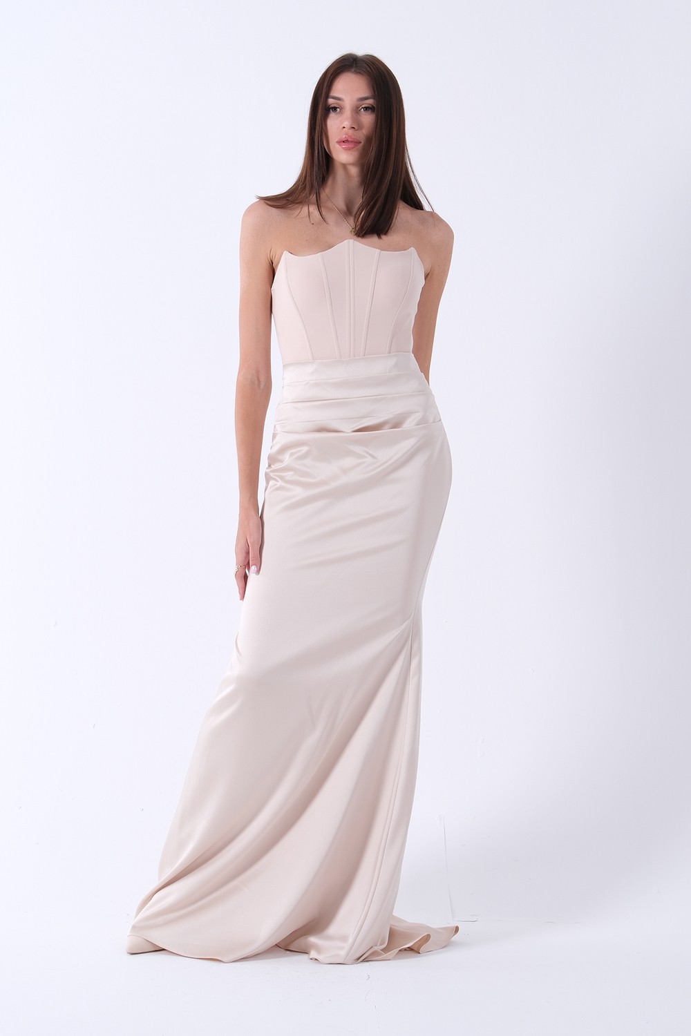 Feminist Bej Önü Drape Detaylı Straplez Abiye 9705744 görsel 7