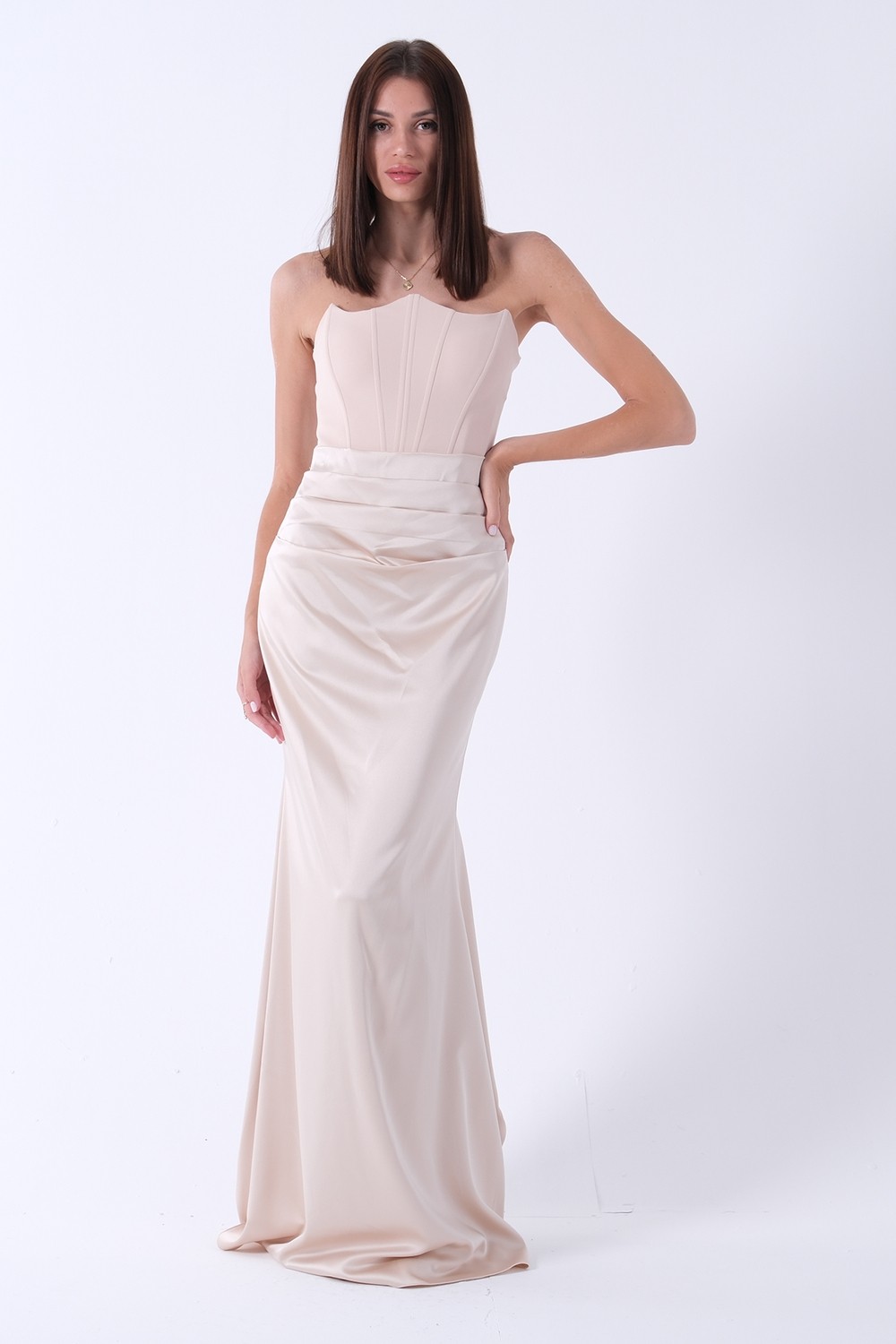 Feminist Bej Önü Drape Detaylı Straplez Abiye 9705744 görsel 8