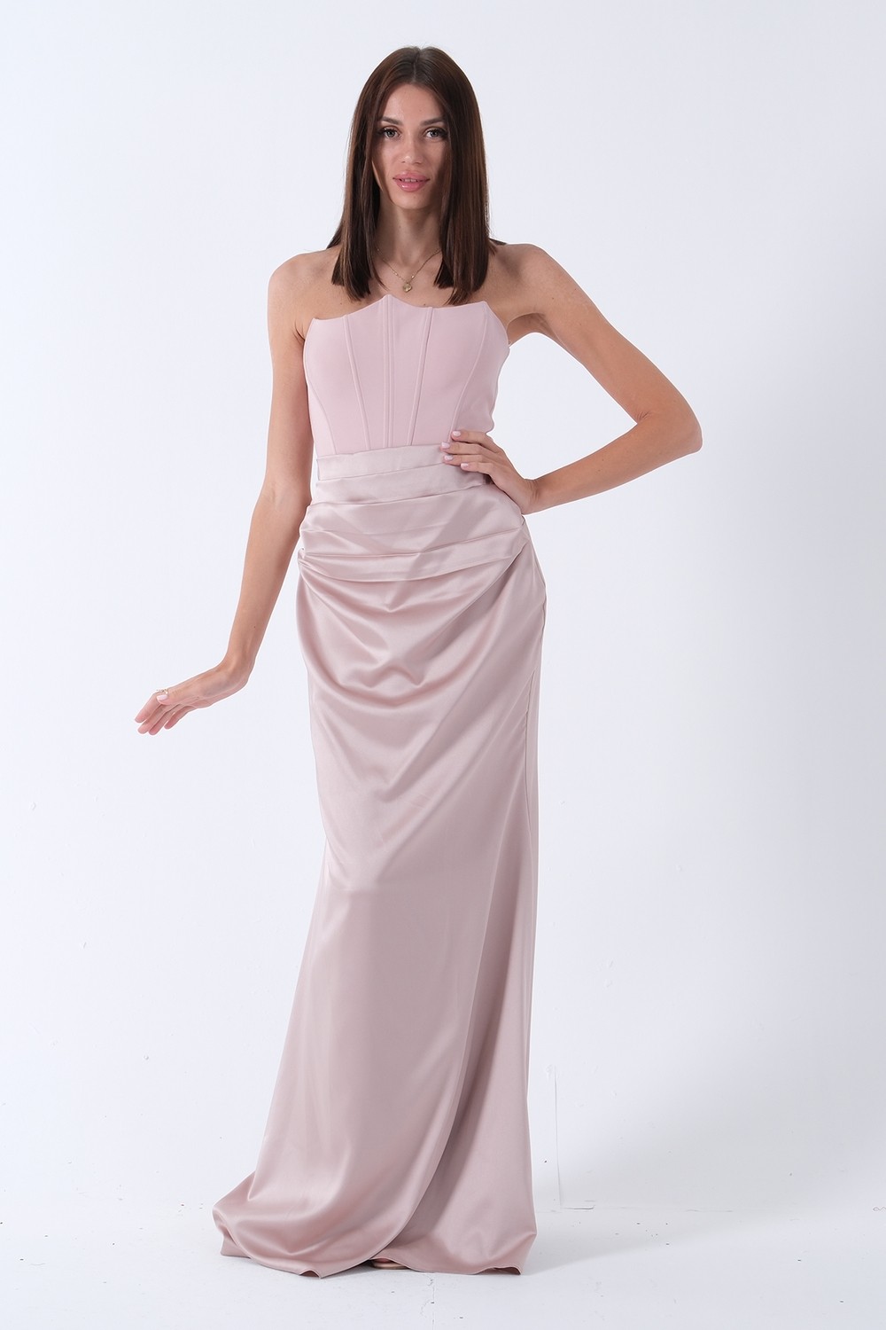 Feminist Bej Önü Drape Detaylı Straplez Abiye 9705744