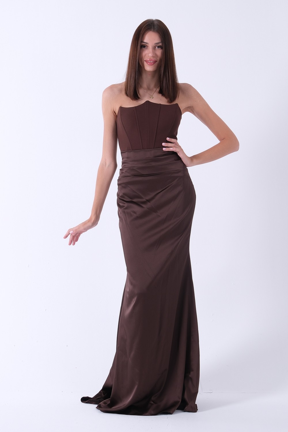Feminist Bej Önü Drape Detaylı Straplez Abiye 9705744