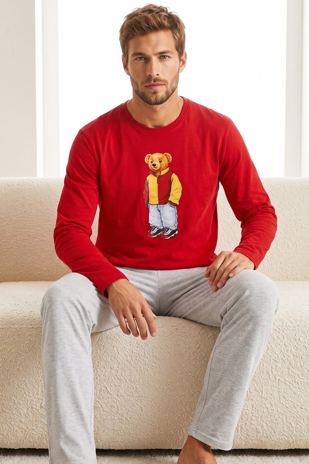 Siyah İnci Baskılı Pamuklu Örme Uzun Kollu Pijama Takım 8076