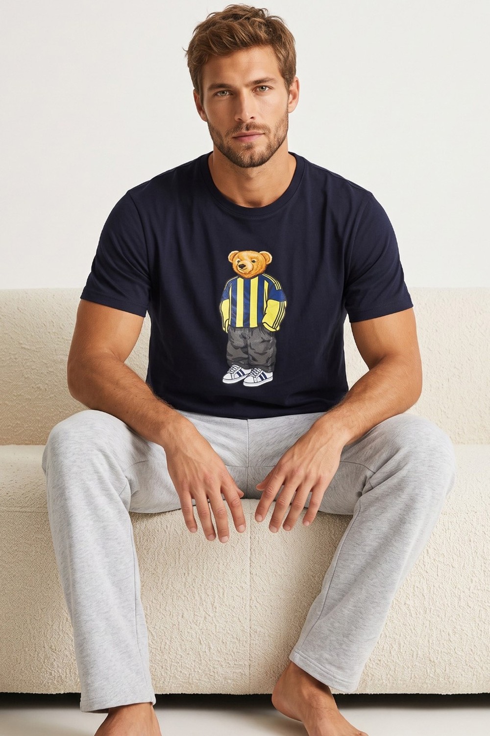 Siyah İnci Baskılı Pamuklu Örme Kısa Kollu Pijama Takım 8075