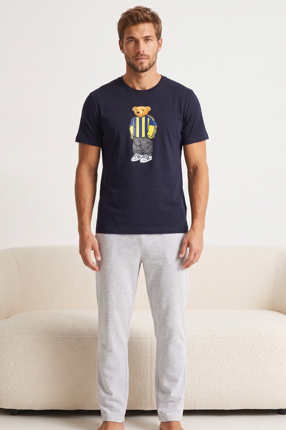 Siyah İnci Baskılı Pamuklu Örme Kısa Kollu Pijama Takım 8075 görsel 2