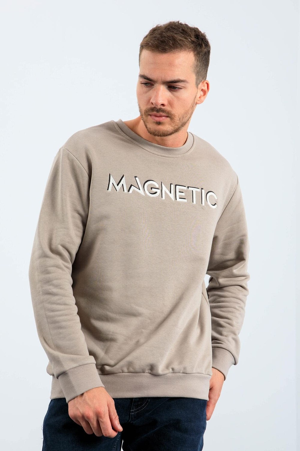 Die Grup Koyu Bej Yazı Nakışlı O Yaka Rahat Form Içi Polarlı Erkek Sweatshirt - 88020 görsel 2