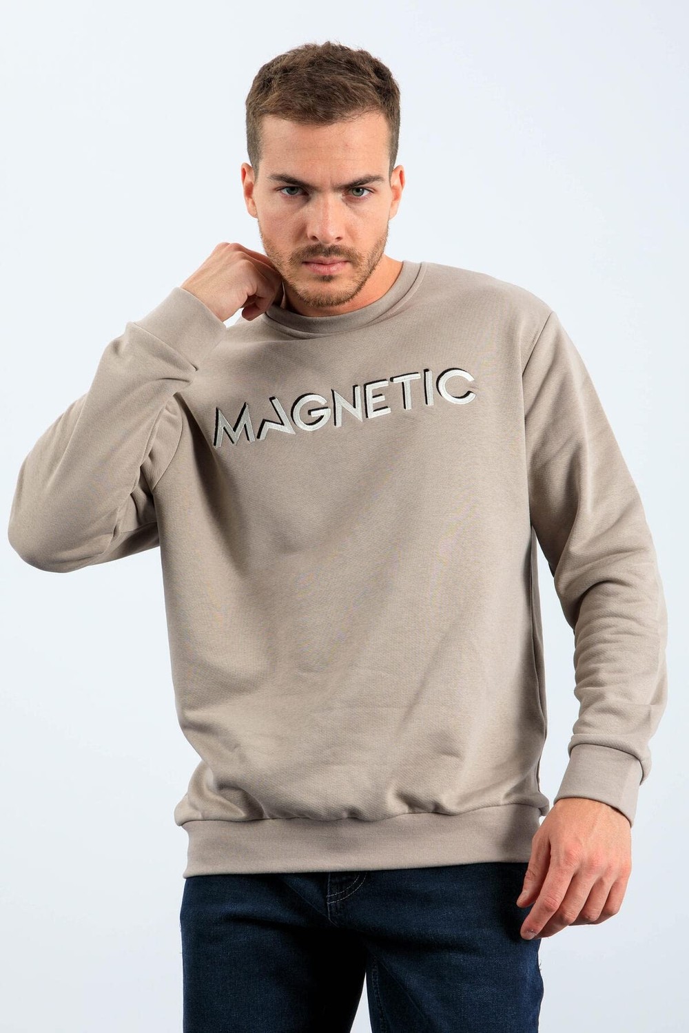 Die Grup Koyu Bej Yazı Nakışlı O Yaka Rahat Form Içi Polarlı Erkek Sweatshirt - 88020 görsel 5