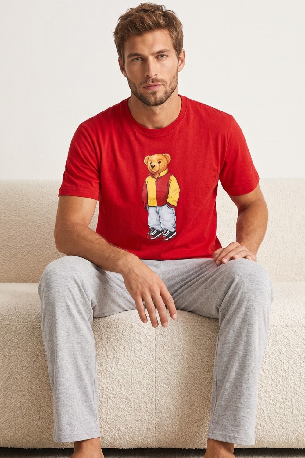 Siyah İnci Baskılı Pamuklu Örme Kısa Kollu Pijama Takım 8075