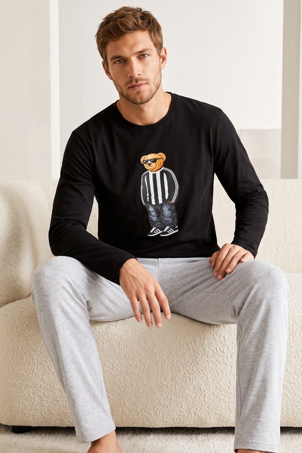 Siyah İnci Baskılı Pamuklu Örme Uzun Kollu Pijama Takım 8076 görsel 4