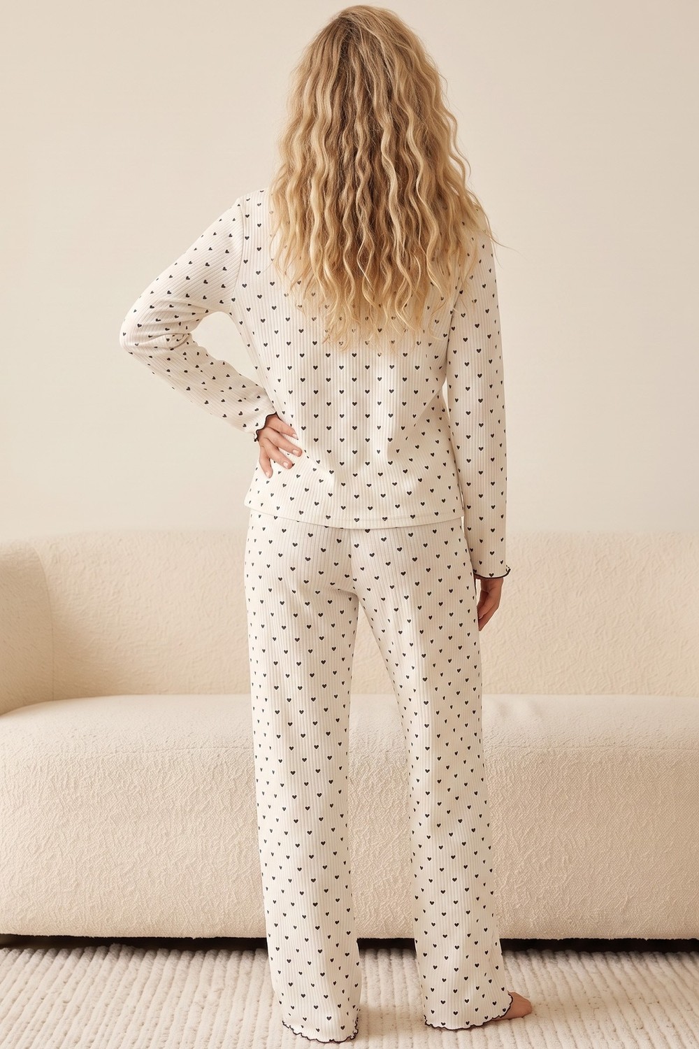 Siyah İnci Yumuşak Tuşe Kışlık Fitilli Pamuklu Örme Düğmeli Hırka Pijama Takım 8073 görsel 6