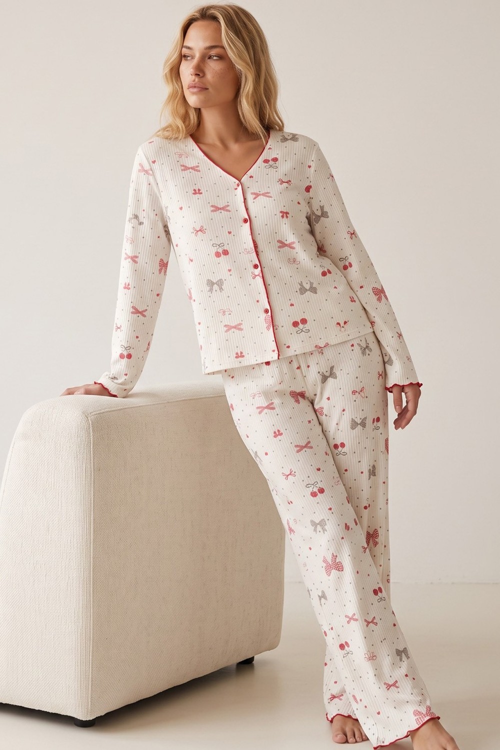 Siyah İnci Yumuşak Tuşe Kışlık Fitilli Pamuklu Örme Düğmeli Hırka Pijama Takım 8073 görsel 8