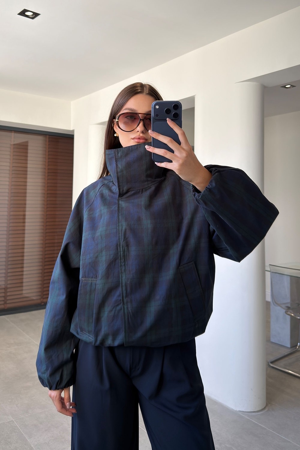 Magarde Ekose Desen Bomber Ceket- Yeşil