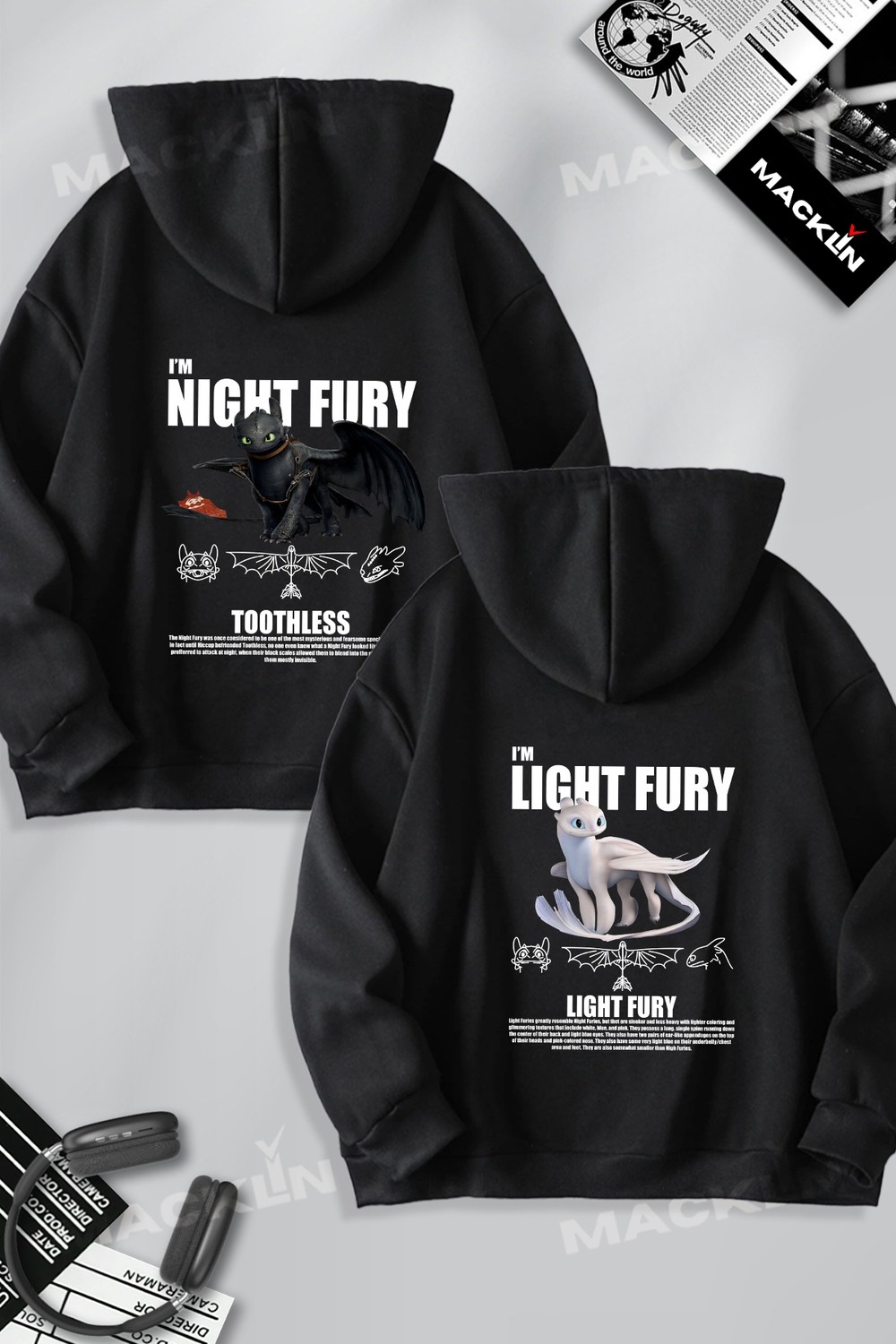 Macklin Unisex Sevgili Çift Kombini Night ve Light Fury Ejderha Baskılı Kapüşonlu Sweatshirt 2li Takım