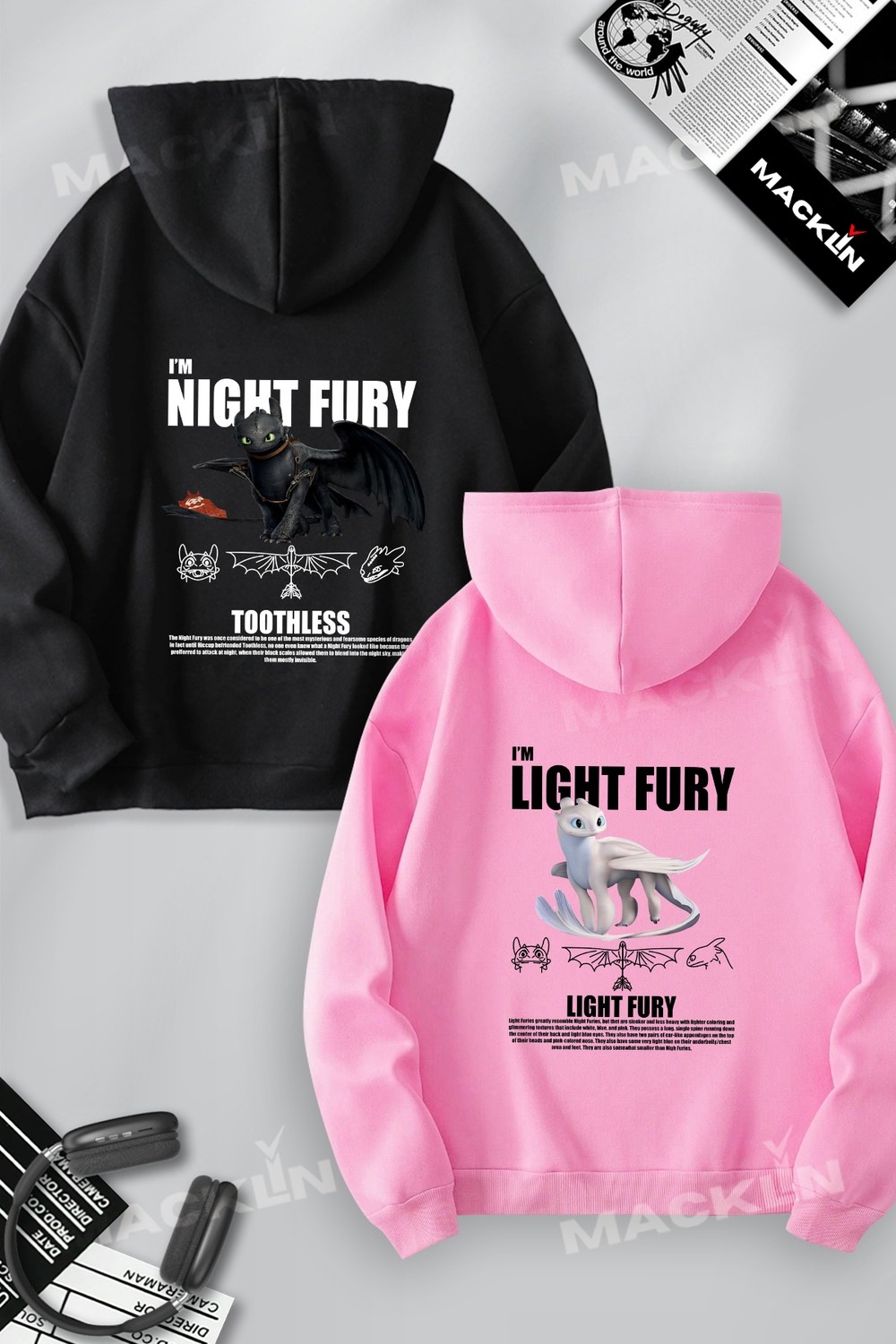Macklin Unisex Sevgili Çift Kombini Night ve Light Fury Ejderha Baskılı Kapüşonlu Sweatshirt 2li Takım