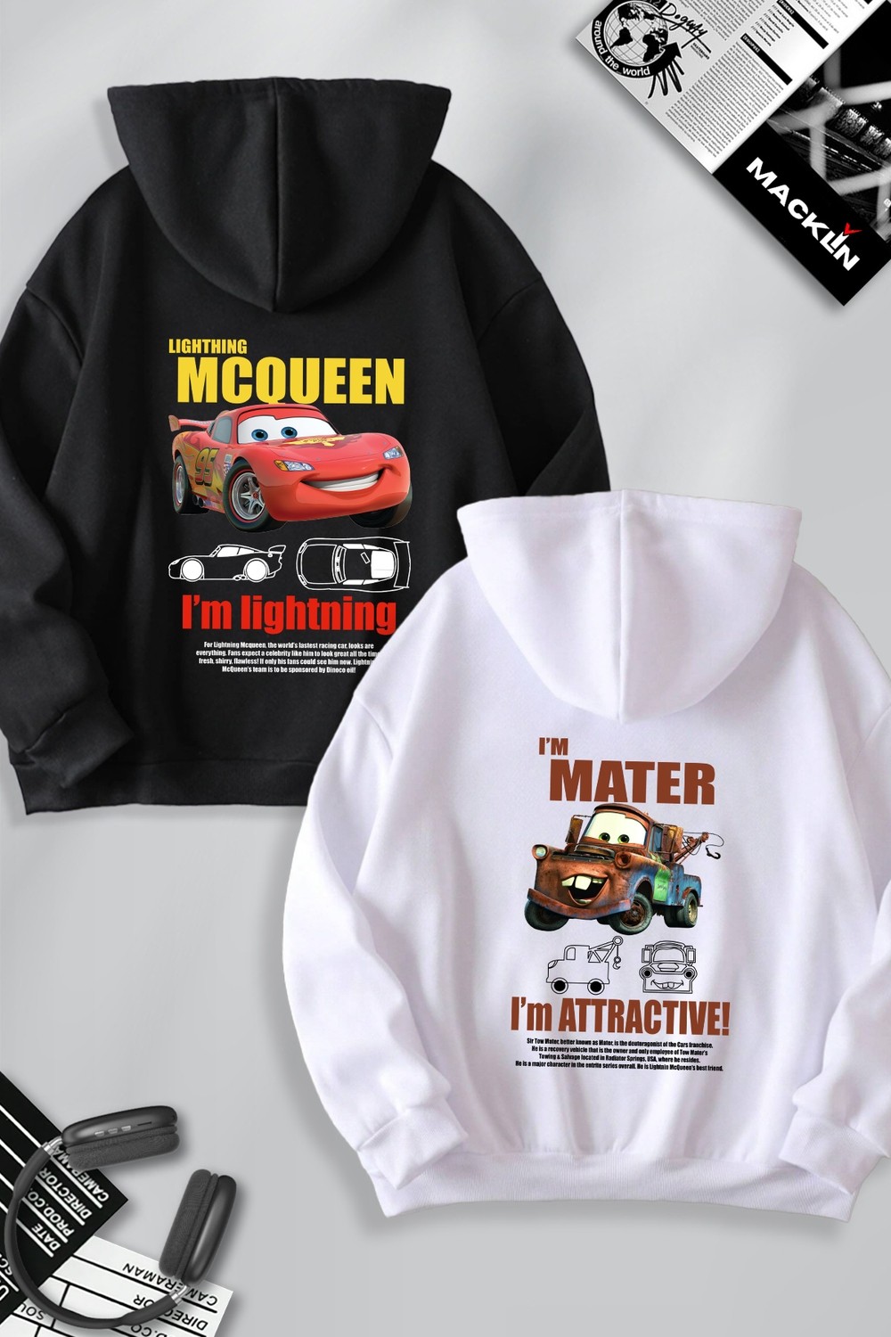 Macklin Unisex Şimşek Mcqueen ve Mater Sırt Baskılı Sevgili Çift Kombini Tasarım Oversize Kapüşonlu Sweatshirt 2'li Takım görsel 7