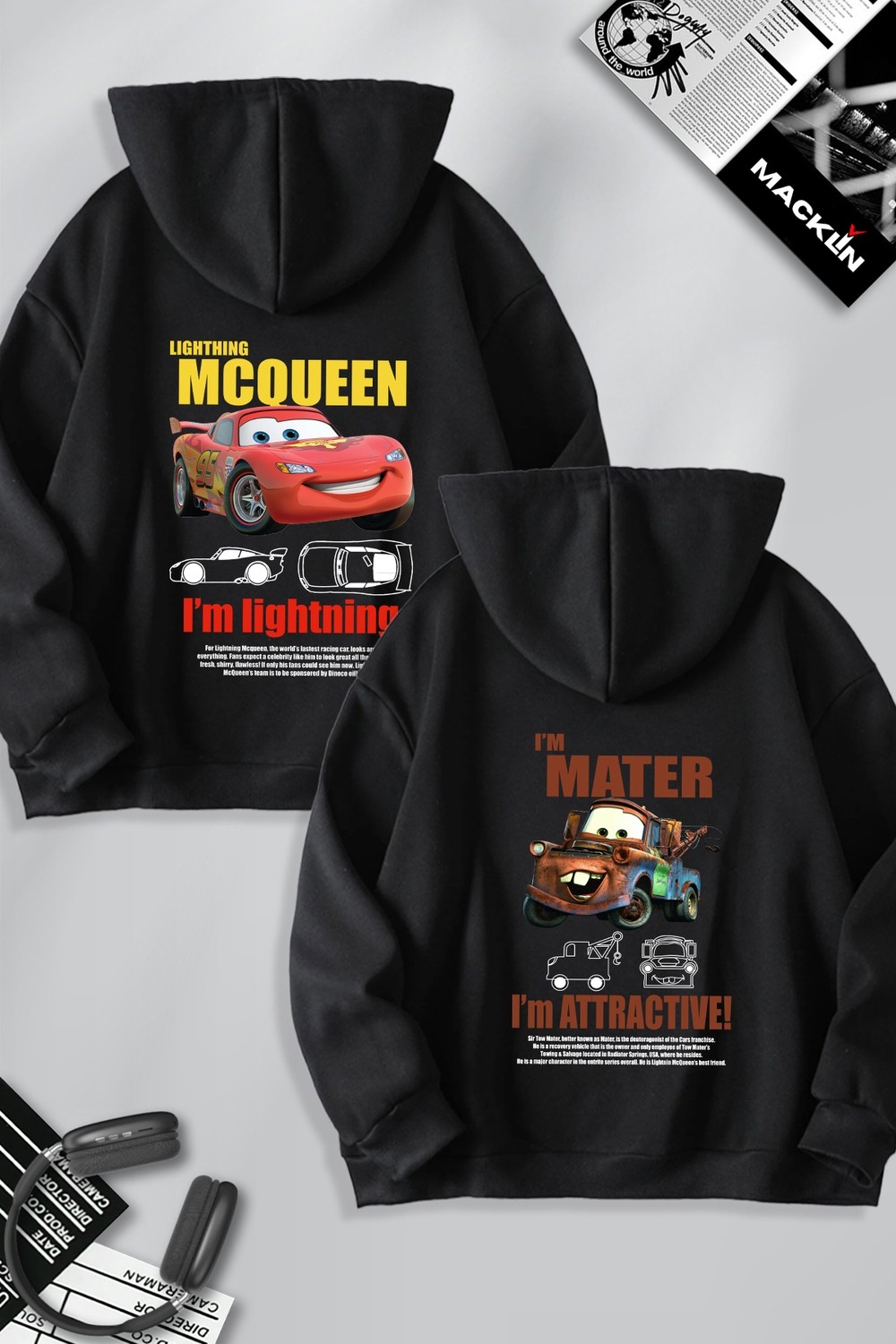 Macklin Unisex Şimşek Mcqueen ve Mater Sırt Baskılı Sevgili Çift Kombini Tasarım Oversize Kapüşonlu Sweatshirt 2'li Takım