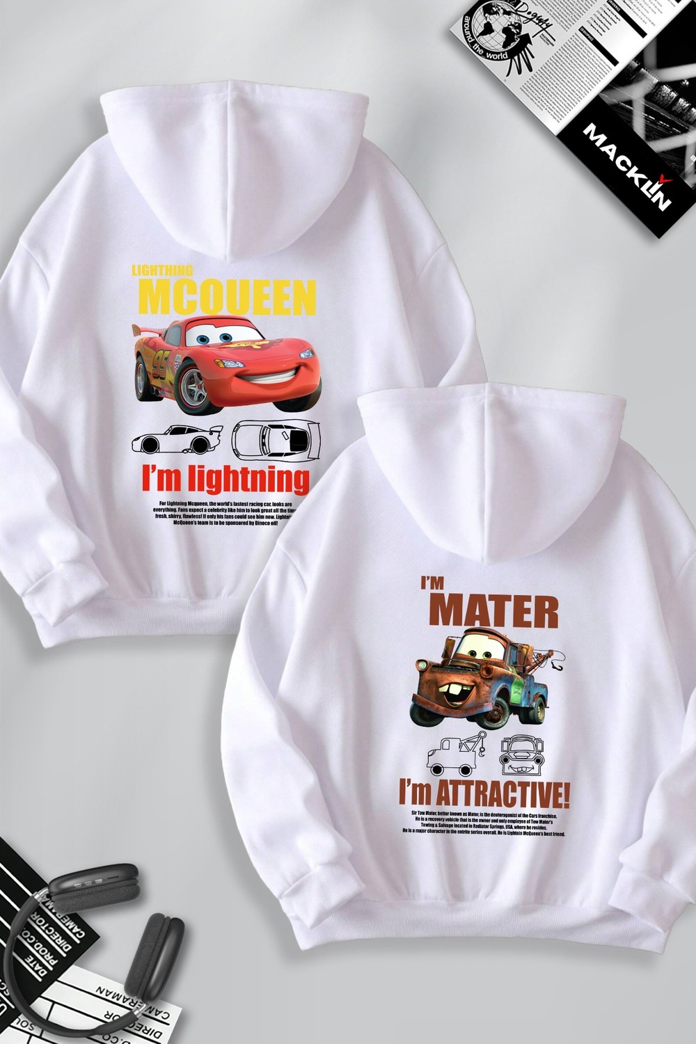 Macklin Unisex Şimşek Mcqueen ve Mater Sırt Baskılı Sevgili Çift Kombini Tasarım Oversize Kapüşonlu Sweatshirt 2'li Takım görsel 3