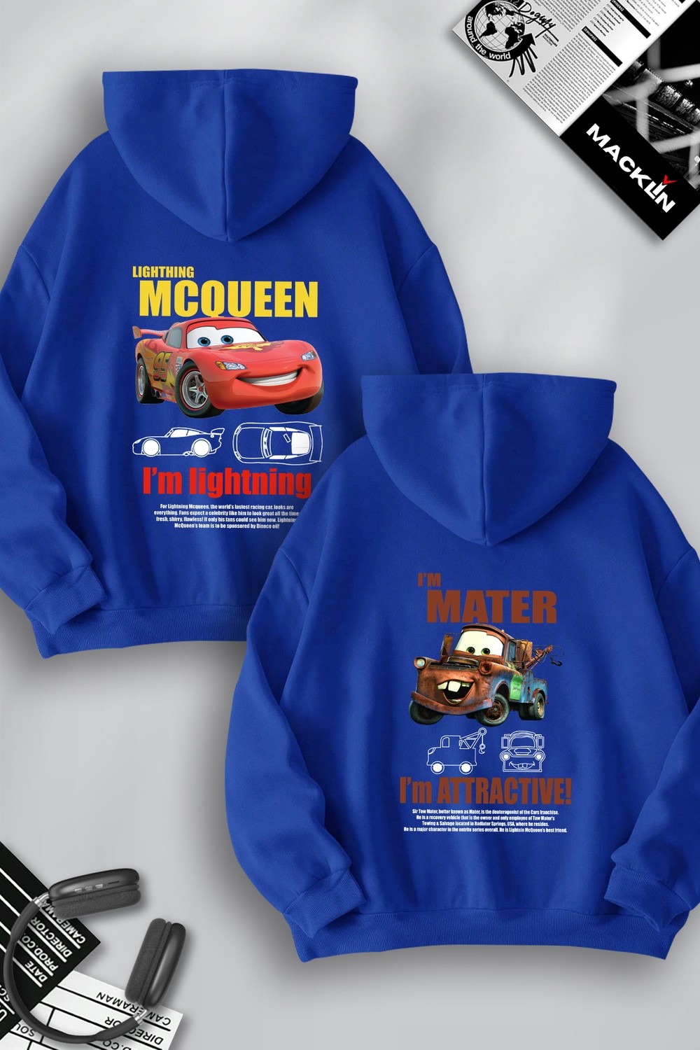 Macklin Unisex Şimşek Mcqueen ve Mater Sırt Baskılı Sevgili Çift Kombini Tasarım Oversize Kapüşonlu Sweatshirt 2'li Takım görsel 5