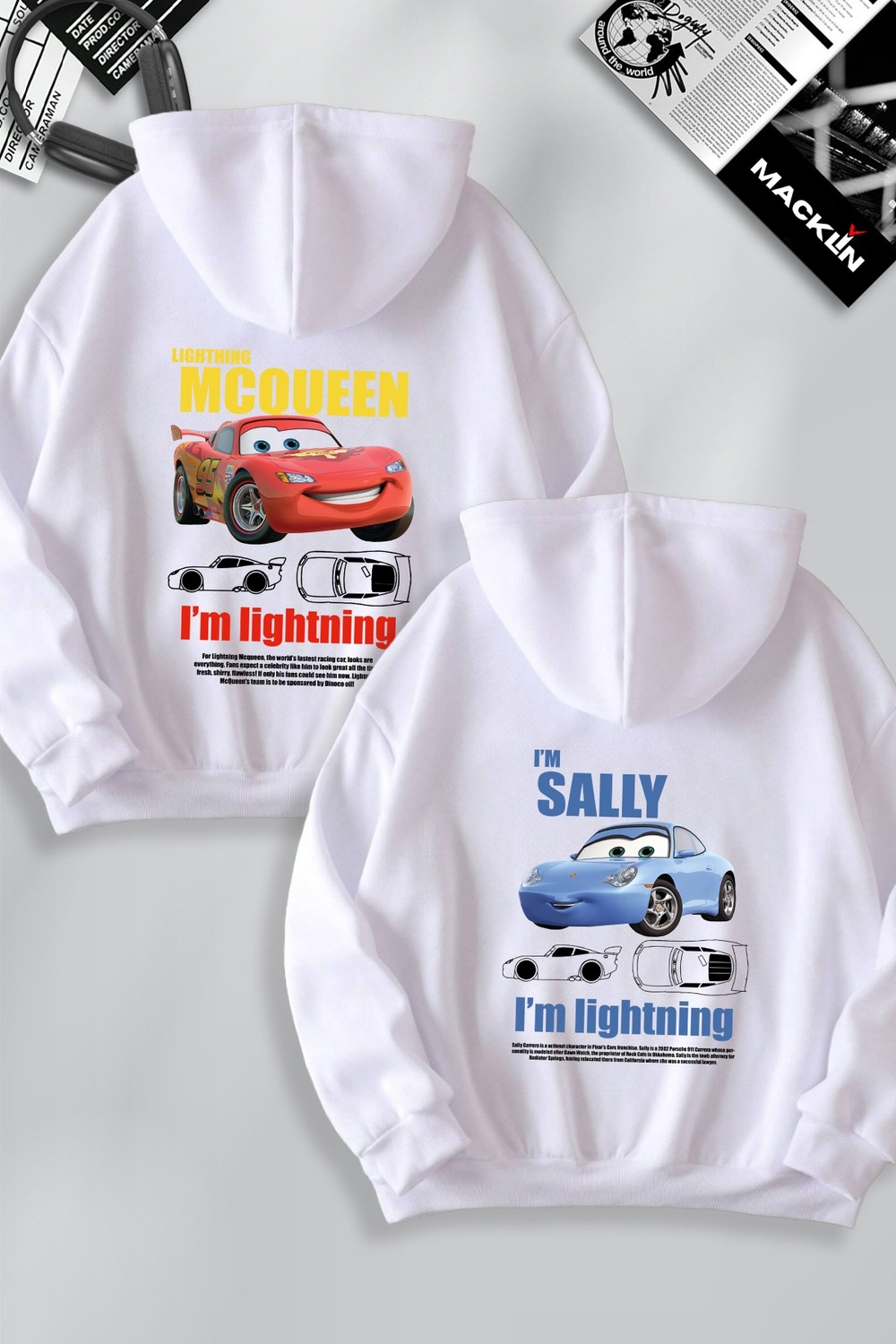 Macklin Unisex Şimşek Mcqueen ve Sally Sırt Baskılı Sevgili Çift Kombini Tasarım Oversize Kapüşonlu Sweatshirt 2'li Takım