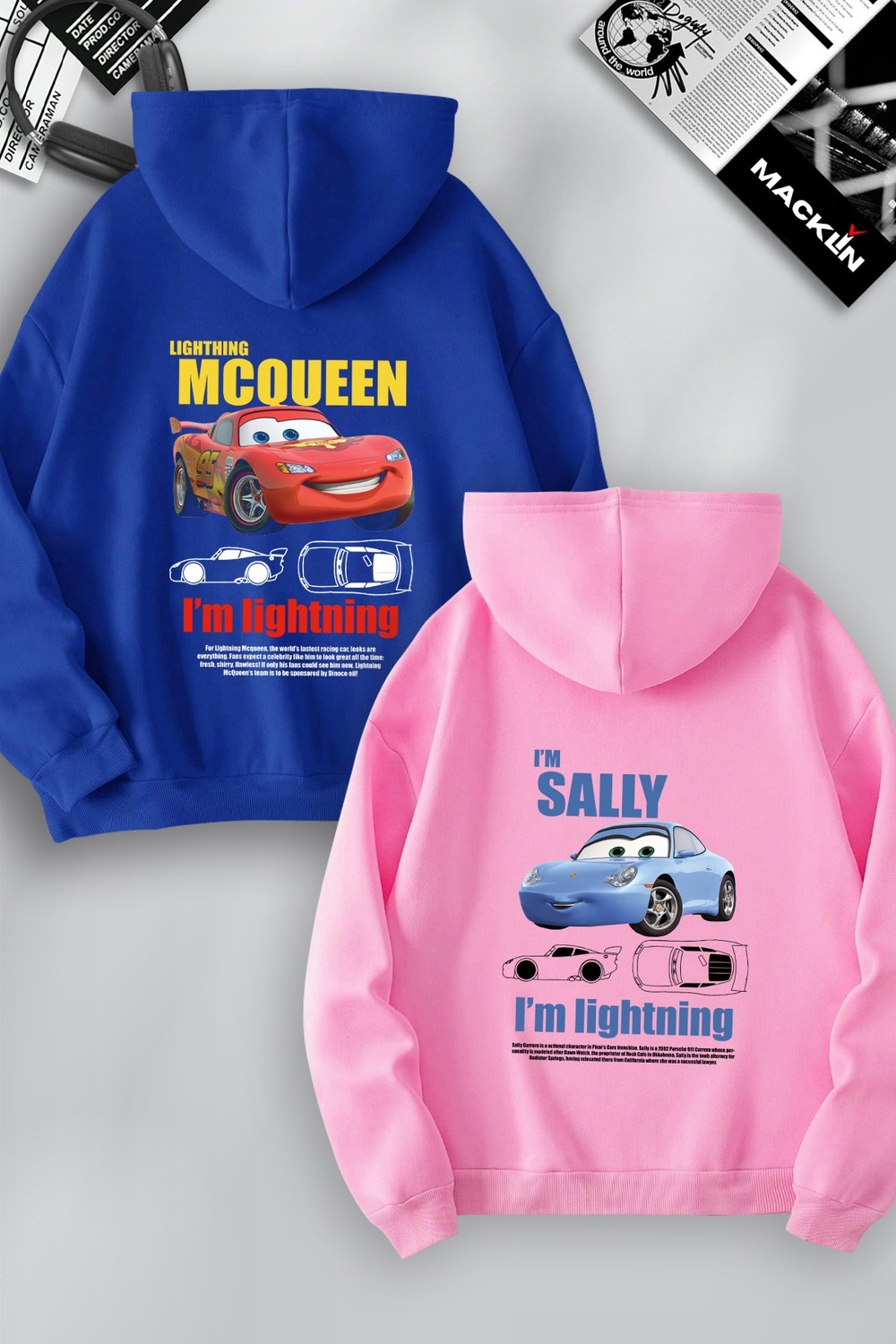 Macklin Unisex Şimşek Mcqueen ve Sally Sırt Baskılı Sevgili Çift Kombini Tasarım Oversize Kapüşonlu Sweatshirt 2'li Takım