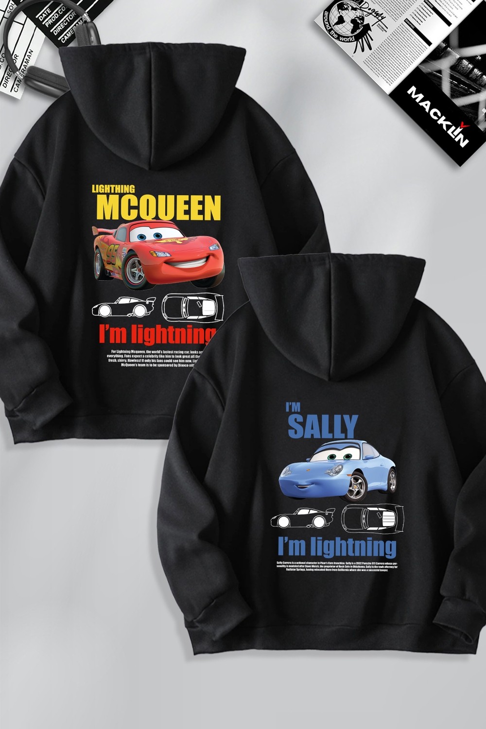 Macklin Unisex Şimşek Mcqueen ve Sally Sırt Baskılı Sevgili Çift Kombini Tasarım Oversize Kapüşonlu Sweatshirt 2'li Takım görsel 3