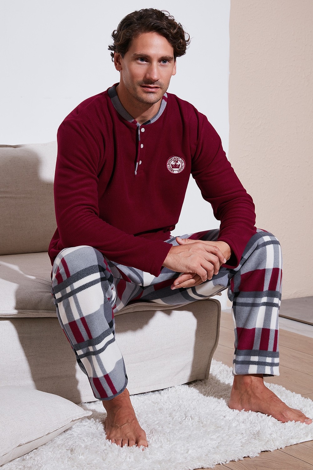 Buratti Ekoseli Regular Fit Düğmeli Bisiklet Yaka Kışlık Polar Pijama Takımı Erkek Pijama Takımı 60961008