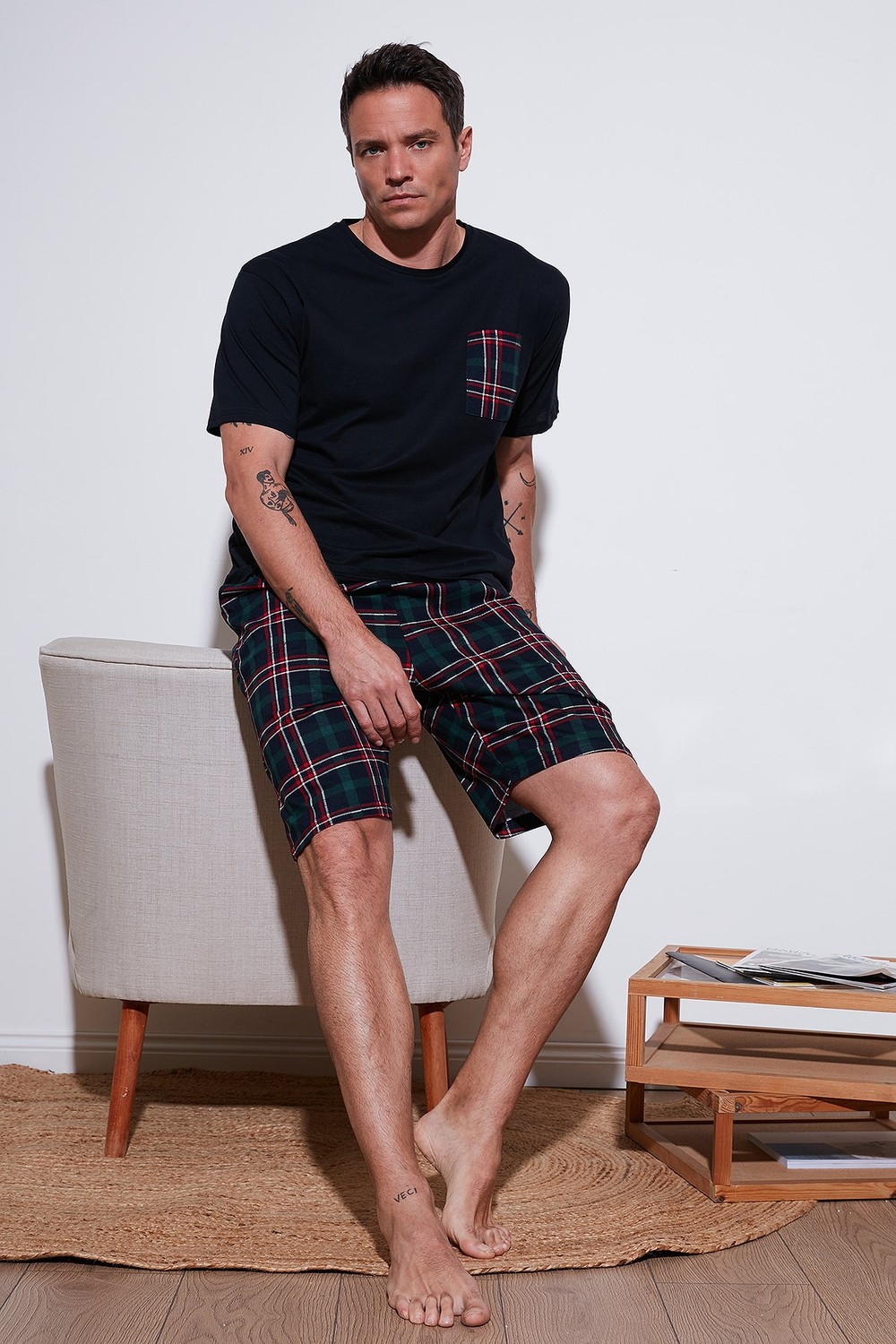 Buratti Kareli Regular Fit Pamuklu Bisiklet Yaka Kısa Kollu Şortlu Pijama Takımı Erkek Pijama Takımı 6572020