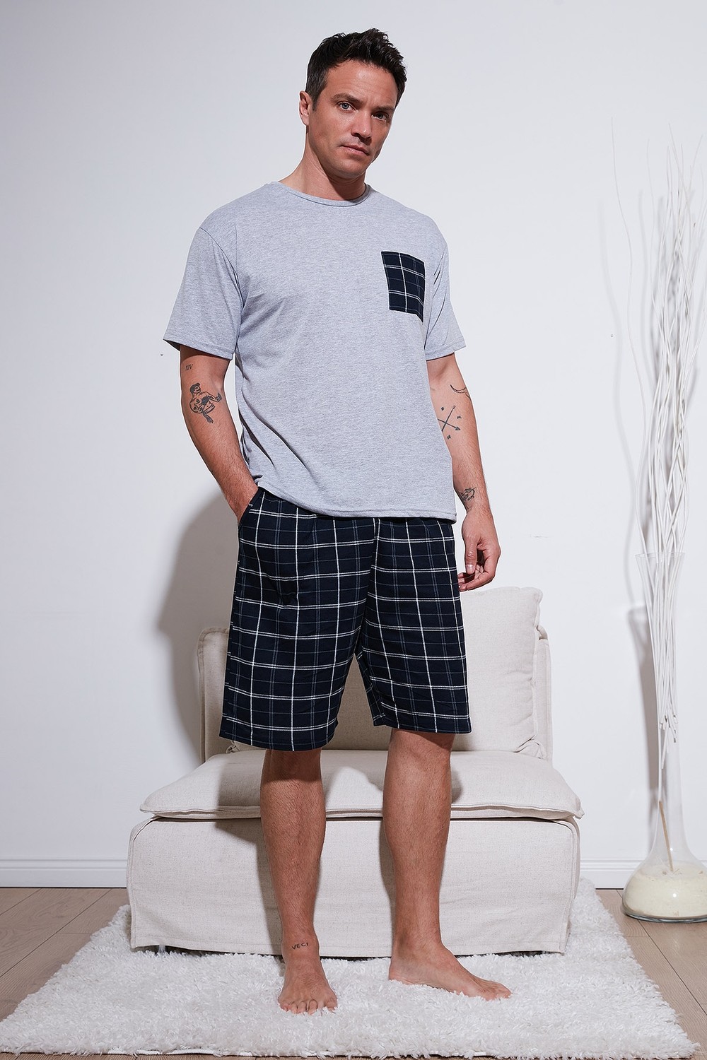 Buratti Kareli Regular Fit Pamuklu Bisiklet Yaka Kısa Kollu Şortlu Pijama Takımı Erkek Pijama Takımı 6572020