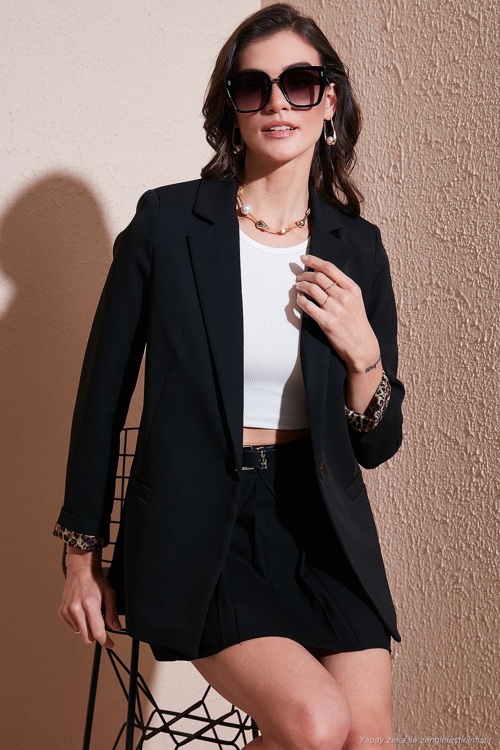 Lela Kadın Blazer Ceket Standart Fit Lacivert Mono Yaka Desenli Astar Detaylı Polyester 6524003