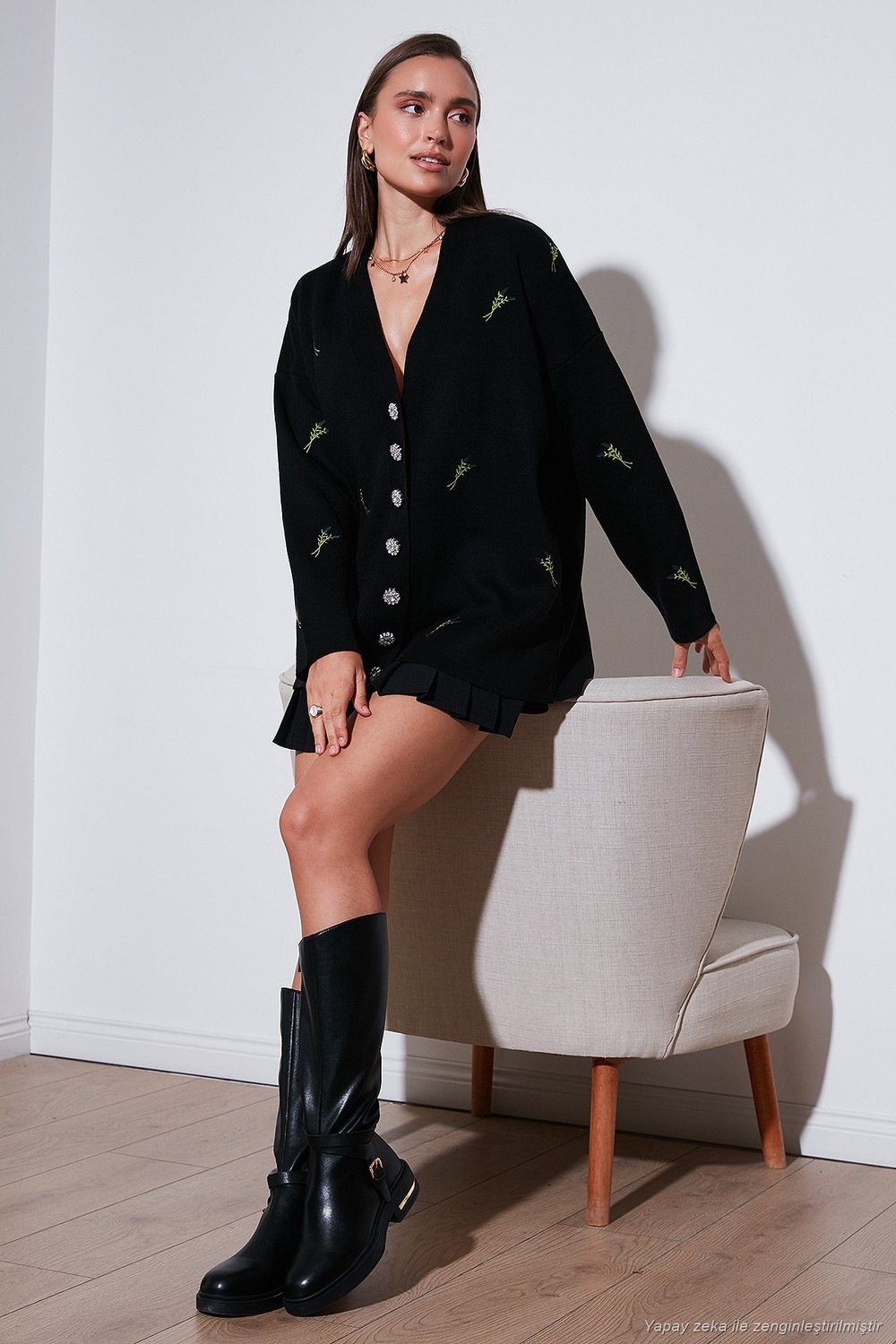 Lela Oversize Fit Desenli V Yaka Triko Hırka Bayan Hırka 4616193 görsel 8