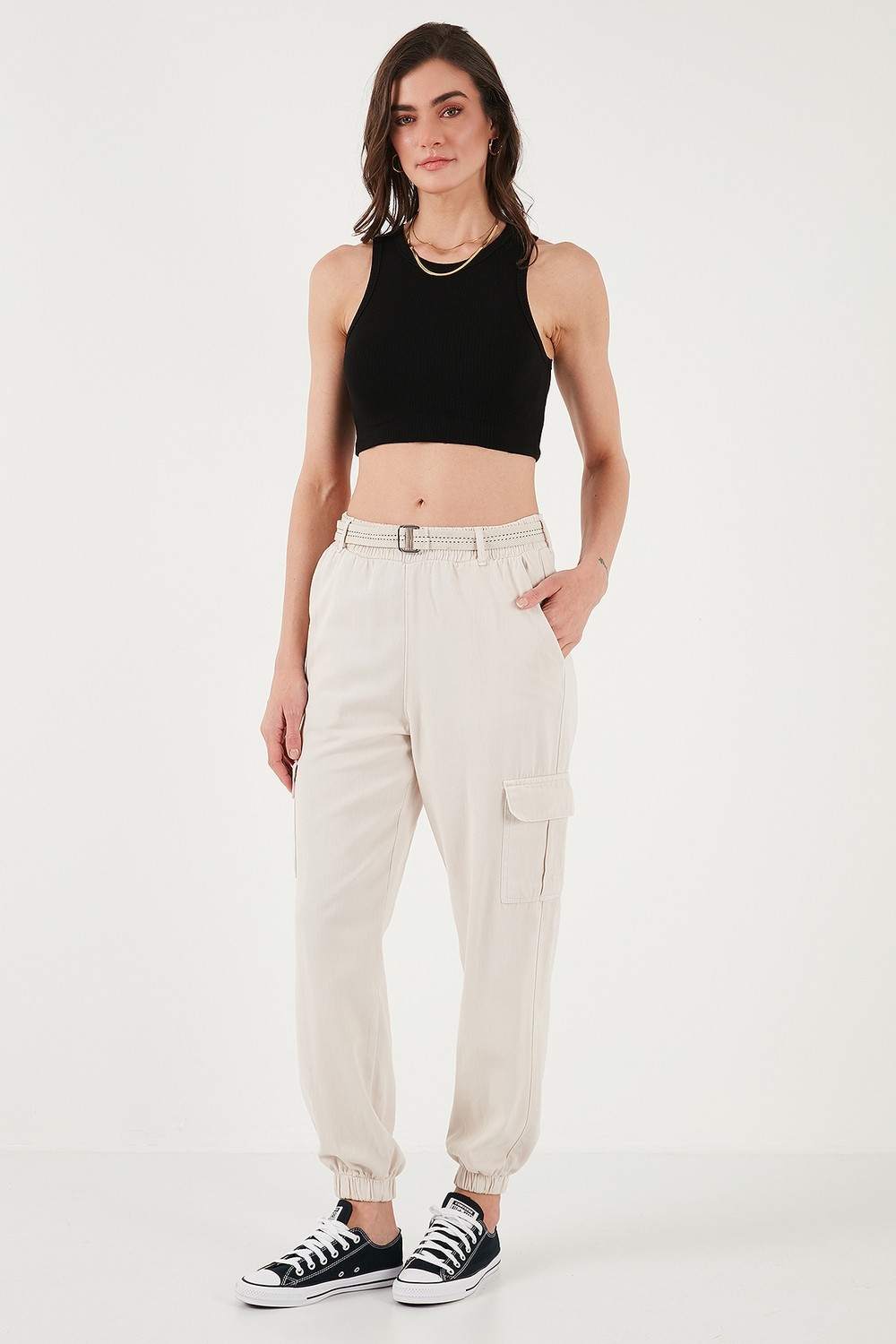 Lela Pamuklu Standart Fit Normal Bel Lastikli Paça Kemerli Jogger Pantolon Bayan Pantolon 668YP5045