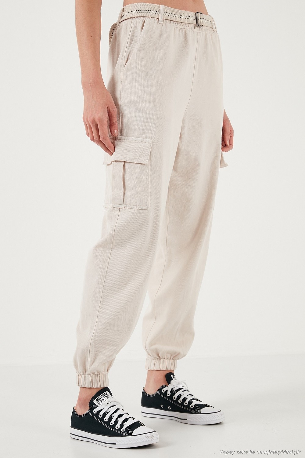 Lela Pamuklu Standart Fit Normal Bel Lastikli Paça Kemerli Jogger Pantolon Bayan Pantolon 668YP5045 görsel 2