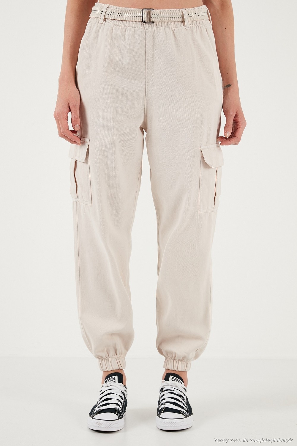 Lela Pamuklu Standart Fit Normal Bel Lastikli Paça Kemerli Jogger Pantolon Bayan Pantolon 668YP5045 görsel 3