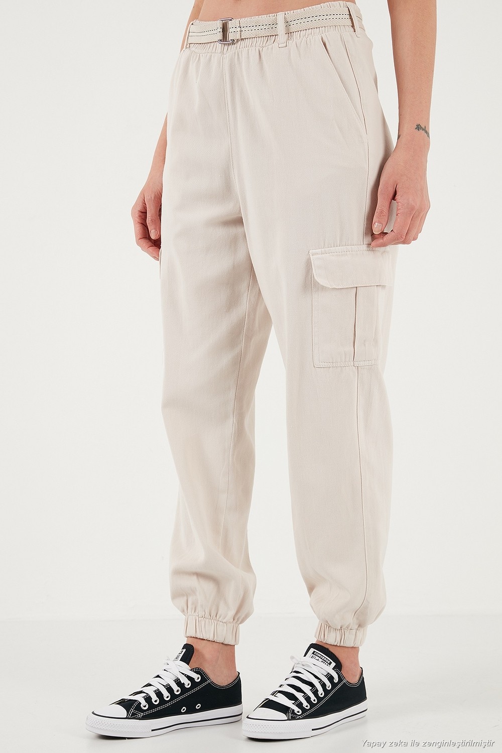 Lela Pamuklu Standart Fit Normal Bel Lastikli Paça Kemerli Jogger Pantolon Bayan Pantolon 668YP5045 görsel 4