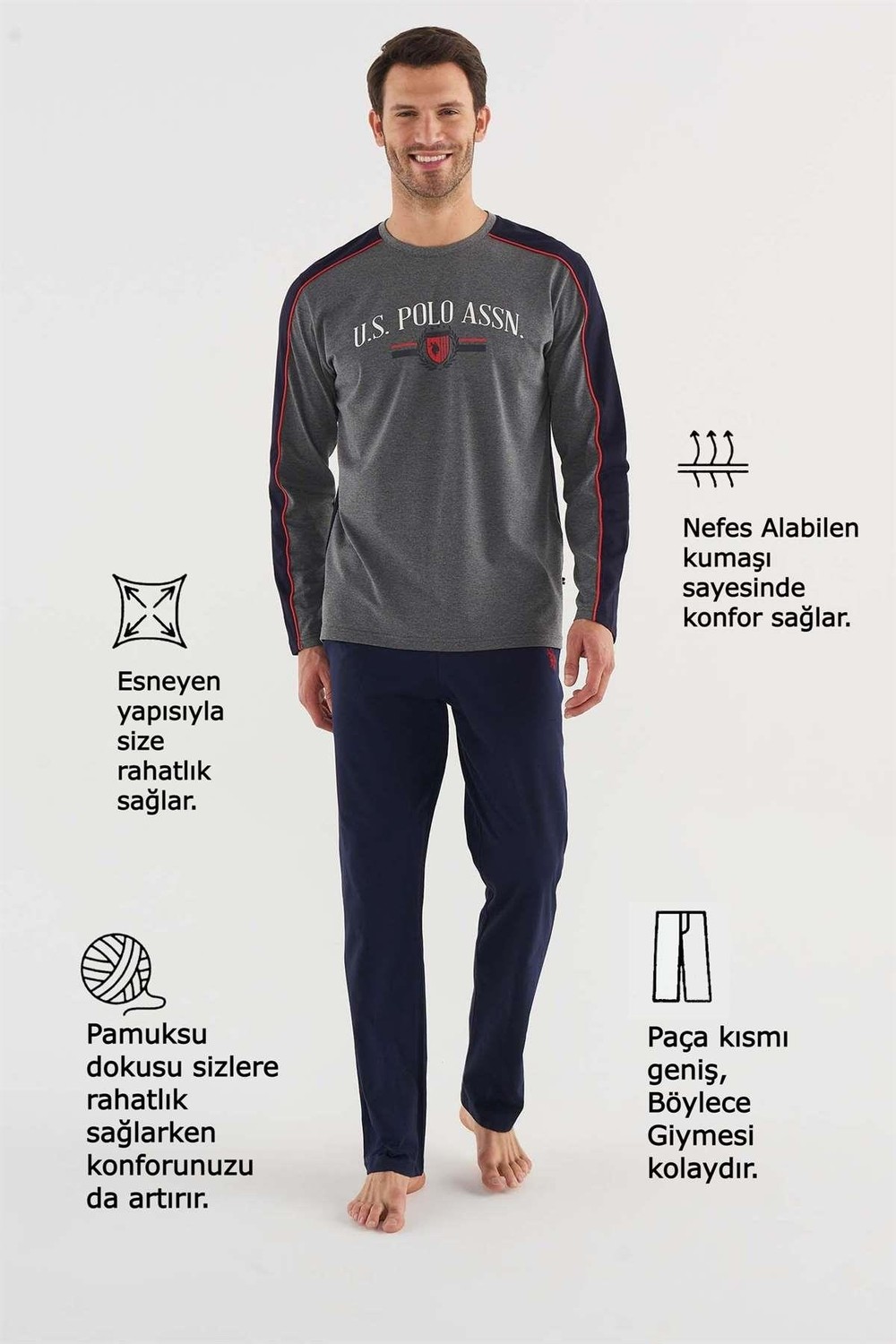 U.S. Polo Assn. 18620 Premium Erkek Yuvarlak Yaka Pijama Takım görsel 4