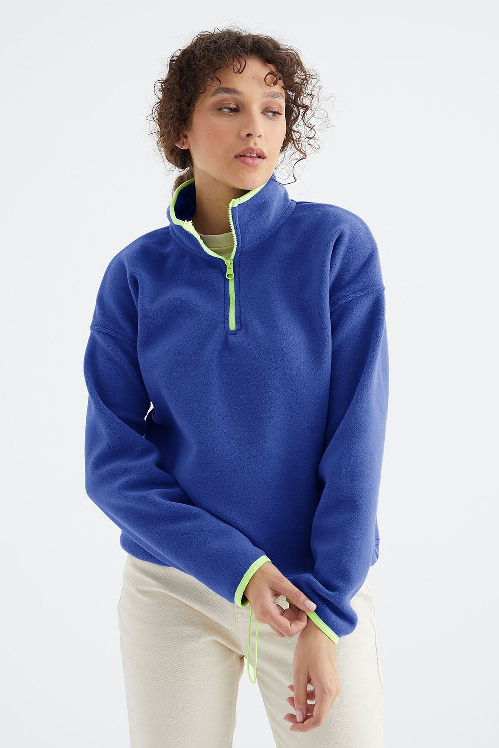 Tommy Life Saks Yarım Fermuar Etek Ucu Büzgülü Dik Yaka Standart Kalıp Kadın Polar Sweatshirt - 97234